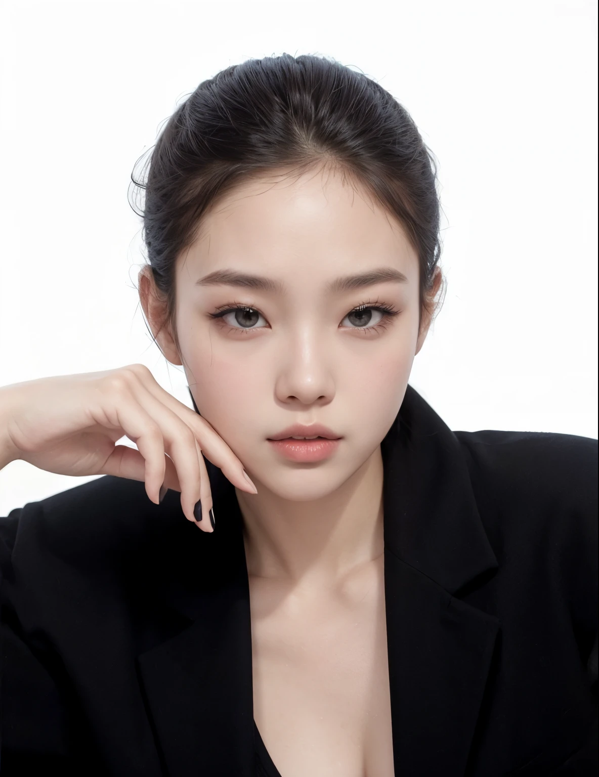 Asian beautiful woman posing in black jacket, jennie blackpink, song jia song jia, maquiagem coreana popular olhos verdes cabelo ruivo em coque, labios carnudos