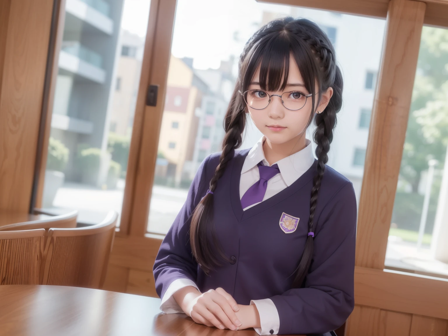 hanekawatsubasa, hanekawa tsubasa, long hair, black hair, hair ornaments, (purple eyes:1.1), Barrette, twin braids, Naoetsu High School uniform, Glasses, break skirt, school uniform, Naoetsu High School uniform, break outdoors, city, break looking at viewer, break (table top:1.2), highest quality, High resolution, unity 8k wallpaper, (figure:0.8), (detailed and beautiful eyes:1.6), highly detailed face, perfect lighting, (perfect hands, perfect anatomy),laughter