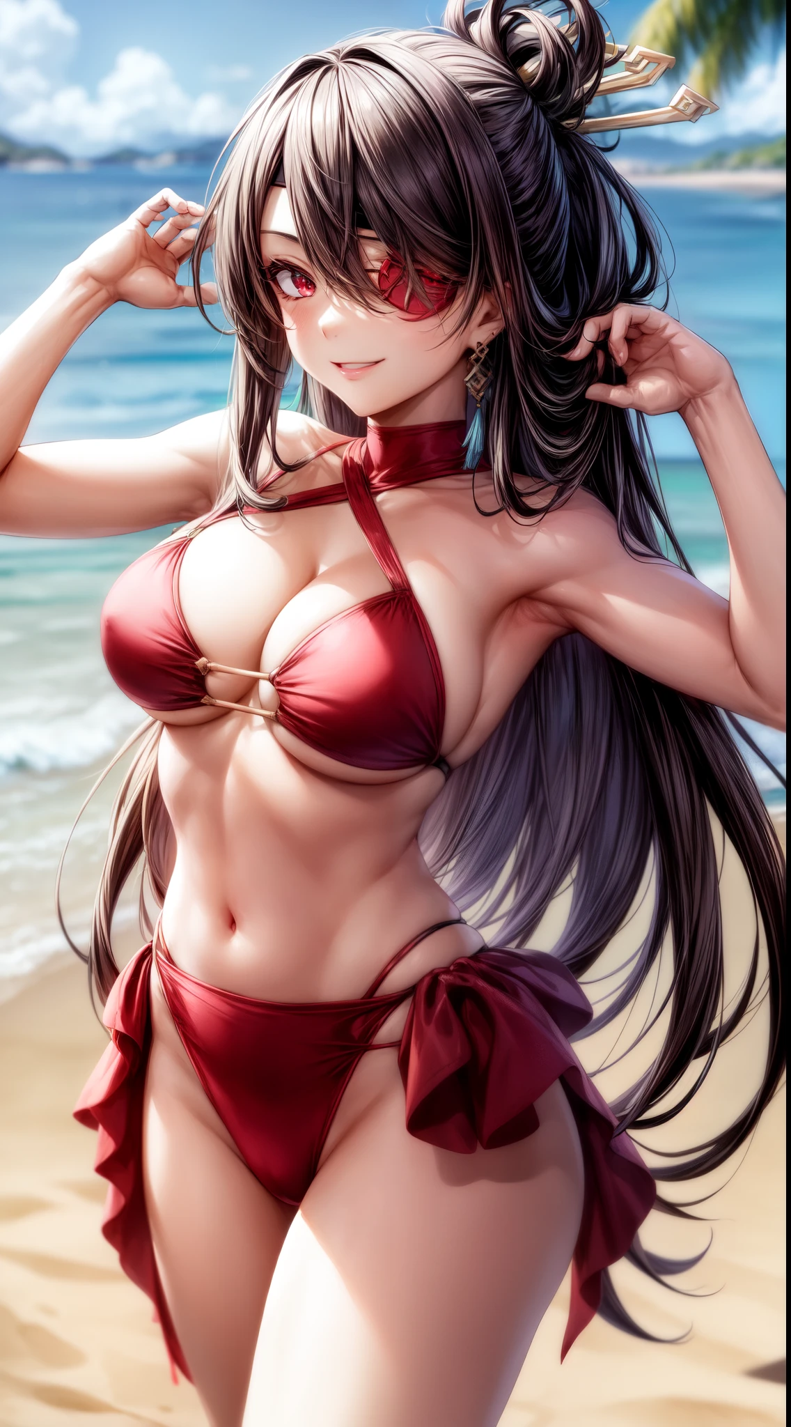 anime, beautiful face, highly detailed face, (2 accurate legs:1), red detailed eye, (eye patch:1.1), highly detailed beach background, perfect lighting, best lighting, (no shadows:1.2), 1girl, solo, outdoors, genshin impact, beidou, (beautiful black hair:1.2), hair ornament, absurdres, high res, ultrasharp, 8K, masterpiece, looking at viewer, teasing smile, facial expressions full of love, BREAK (detailed sexy beach bikini:1.3), (sexy pose:1.0), close up, standing up