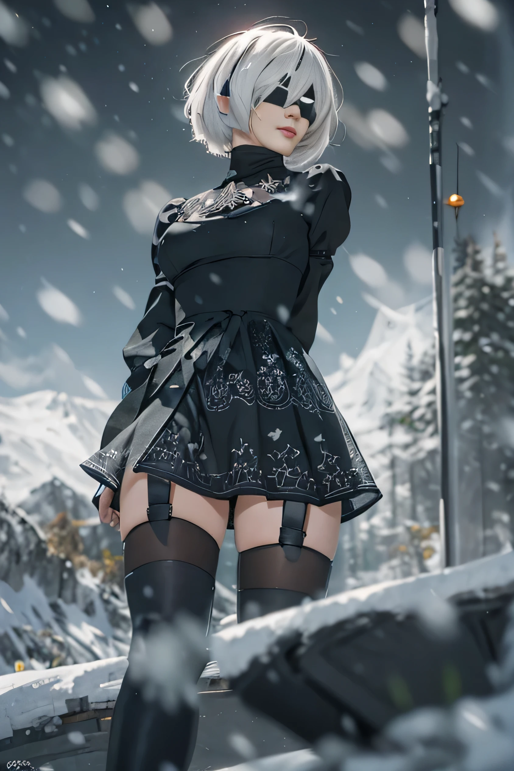 (photorealistic:1.8, highest quality:1.8,8K masterpiece:1.8,High resolution,muste piece:1.8),fantasy,(NieR:Automata,2B:1.9),(black blindfold:1.5),(black hair band,Blake Black Skirt,choker,White High Leg,thigh high boots,Blake Black Skirt,black thigh high socks,Knee-high boots,Cleavage cut,cutting of clothes,high heels,long sleeve),(looking at the camera:1.2),(Photo seen from below:1.3),(bob cut,beautiful shining silver hair:1.5), (Medium chest:1.3),, expression( Impish Smile:1.3)Pause(spread your legs,Seductive pose:1.5),background(snowy mountain area:1.6),(detailed perfect face),normal hands:1.5,normal finger:1:5,normal feet:1.5,(cameltoe)