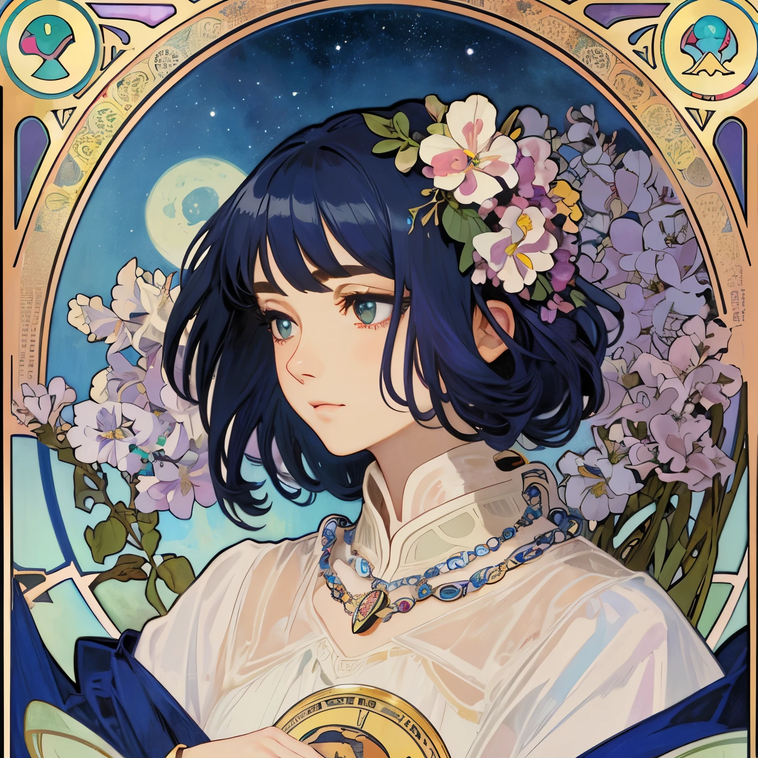 1 beautiful woman、(masterpiece、highest quality、highest quality、beautiful and aesthetic:1.2)、Rainbow-colored、sparkling jewelry hair ornament、flowers in full bloom、detailedジュエリー、dynamic、Based on the concept of an elegant woman、((Alphonse Mucha style))、shining eyes、colorful hair、falling petals、Gradation、非常にdetailed、Complex、detailed, wonderful, Complex詳細,complementary color, realistic concept art, 8K resolution, 逸脱のmasterpiece、background starry sky、clove up、cover、magazine、art history、Full moon behind、Illuminated by light、tarot cards