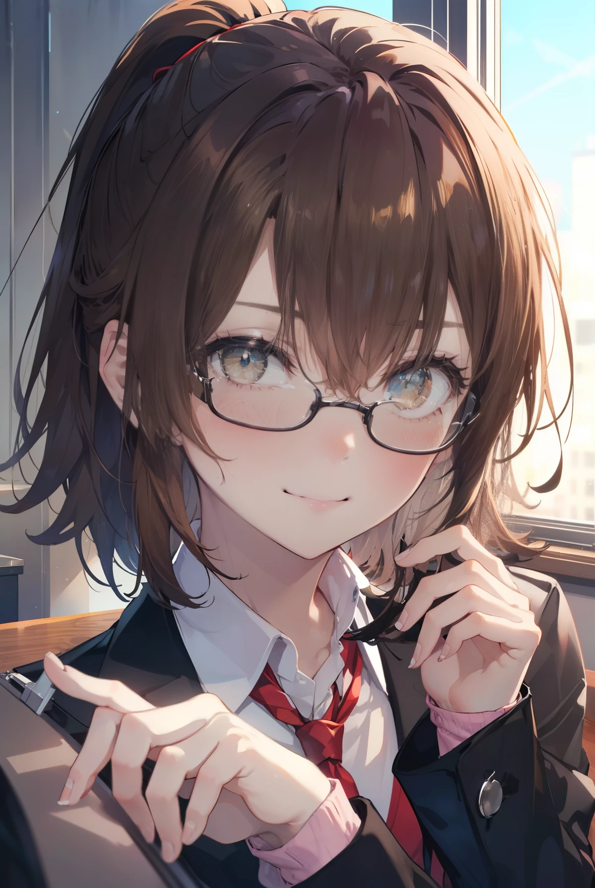irohaisshiki, iroha isshiki, long hair, brown hair, (brown eyes:1.5), ponytail,smile,OL, red glasses, end, black suit jacket, collared jacket, white dress shirt, collared shirt, neckline, button, strap, ID card on the neck, black pencil skirt, black pantyhose, smile, blush, looking at the viewer, charm, Mechanical,On a computer,sitting in a chair, interior,touch typing ,
break indoors, office,
break (masterpiece:1.2), highest quality, High resolution, unity 8k wallpaper, (figure:0.8), (detailed and beautiful eyes:1.6), highly detailed face, perfect lighting, Very detailed CG, (perfect hands, perfect anatomy),