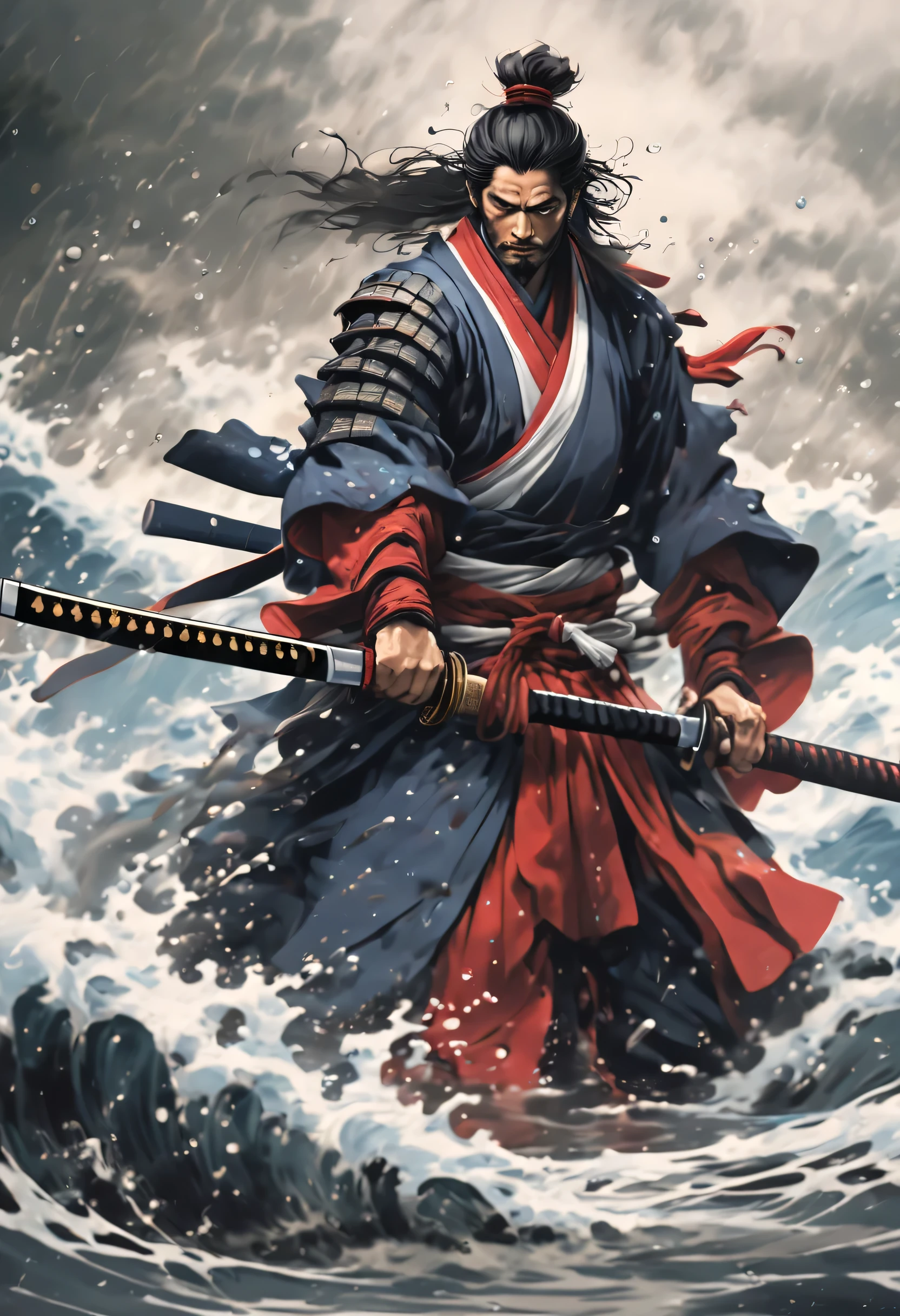 (best quality, Ultra-fine, Samurai emerge from the water, forcefully splash from clothes, One hand holds a katana, fighting, evade, Dodge, actual, photo-actual:1.37), bright colors, sharp focus, Bokeh, (fantasy:1.2),(mystical landscapes), (dynamic poses:1.37), intense gaze, Extraordinary power, mythical power, black and red, rainy day, Wounds on the body, splash, Japanese style)