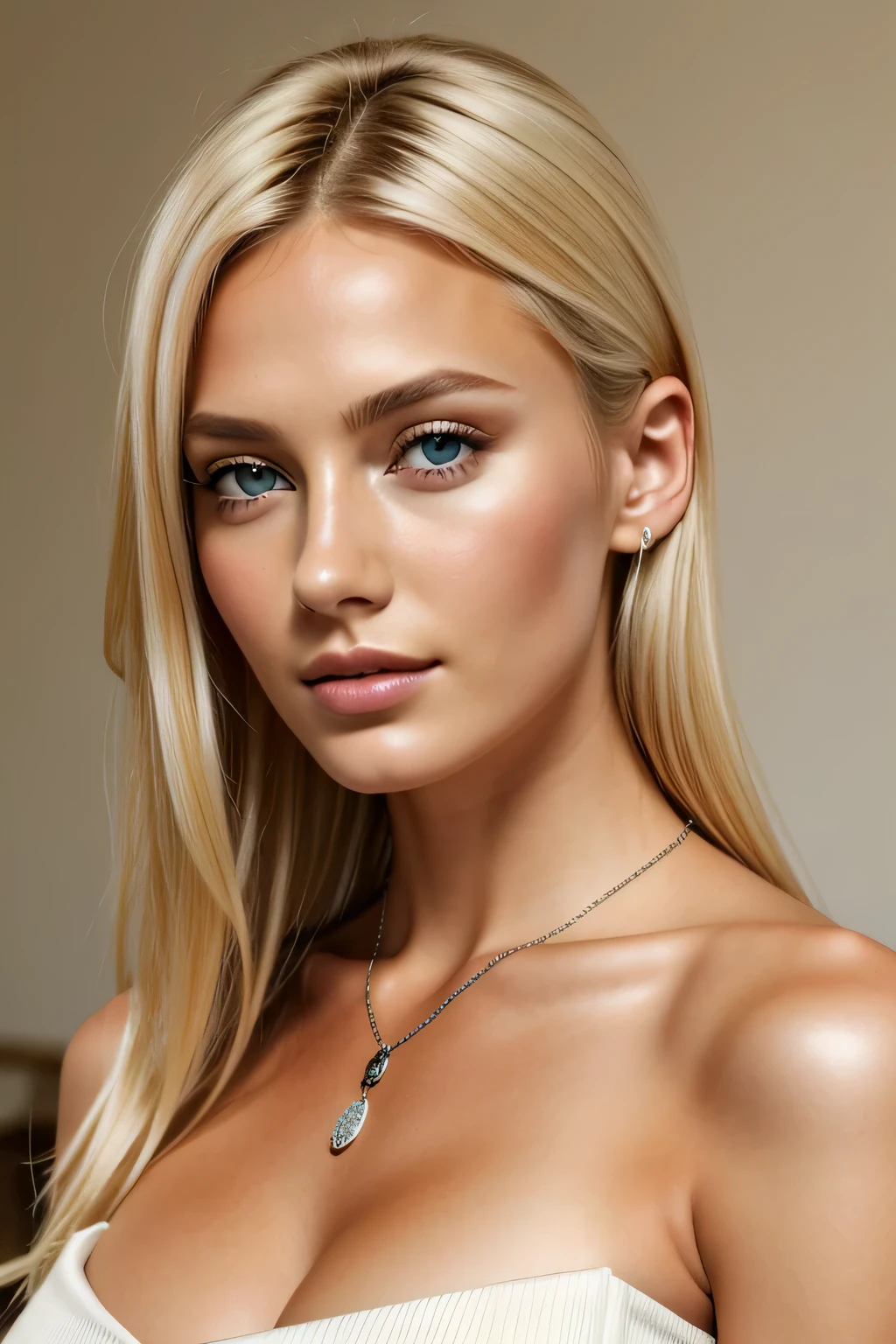 1 fille dans, 19 ans, seulement, cheveux longs, Seins colossaux, Regarder le spectateur, cheveux blond, bare shoulders, yeux marrons, bijoux, tout le corps, un collier, off the shoulders, Chandails, realistic, Sexy 8k