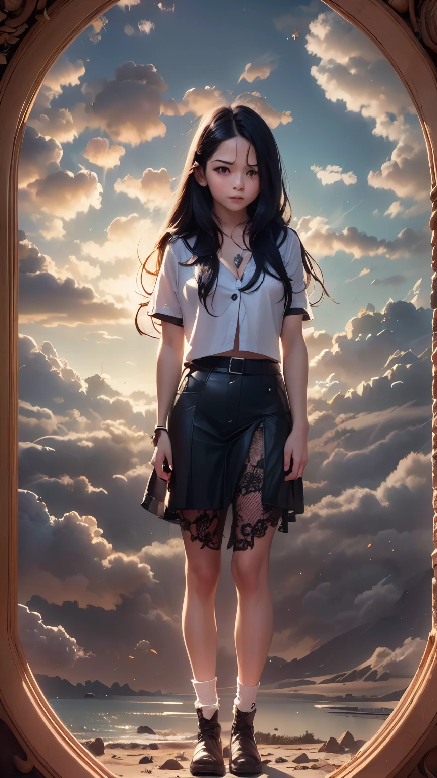 Masterpiece, Best Quality (Surrealism: 1.3), Excellent, Quality, Rembrandt Lighting, (Masterpiece: 1.2), (Realism: 1.2), (Best Quality), (Skin Details: 1.3), Dramatic, Idyllic, 1 Girl, Young Beautiful girl. Long black hair, young 16 years old, Modern Clothes (sun, clouds, Stars, facing the viewer. ((Expressive eyes)), brown eyes, luscious scarlet lips, black hair, very long hair, closed mouth and smile, 16 years old, Modern Clothing (Surrealism: 1.3), Excellent, quality, Modern Clothing.