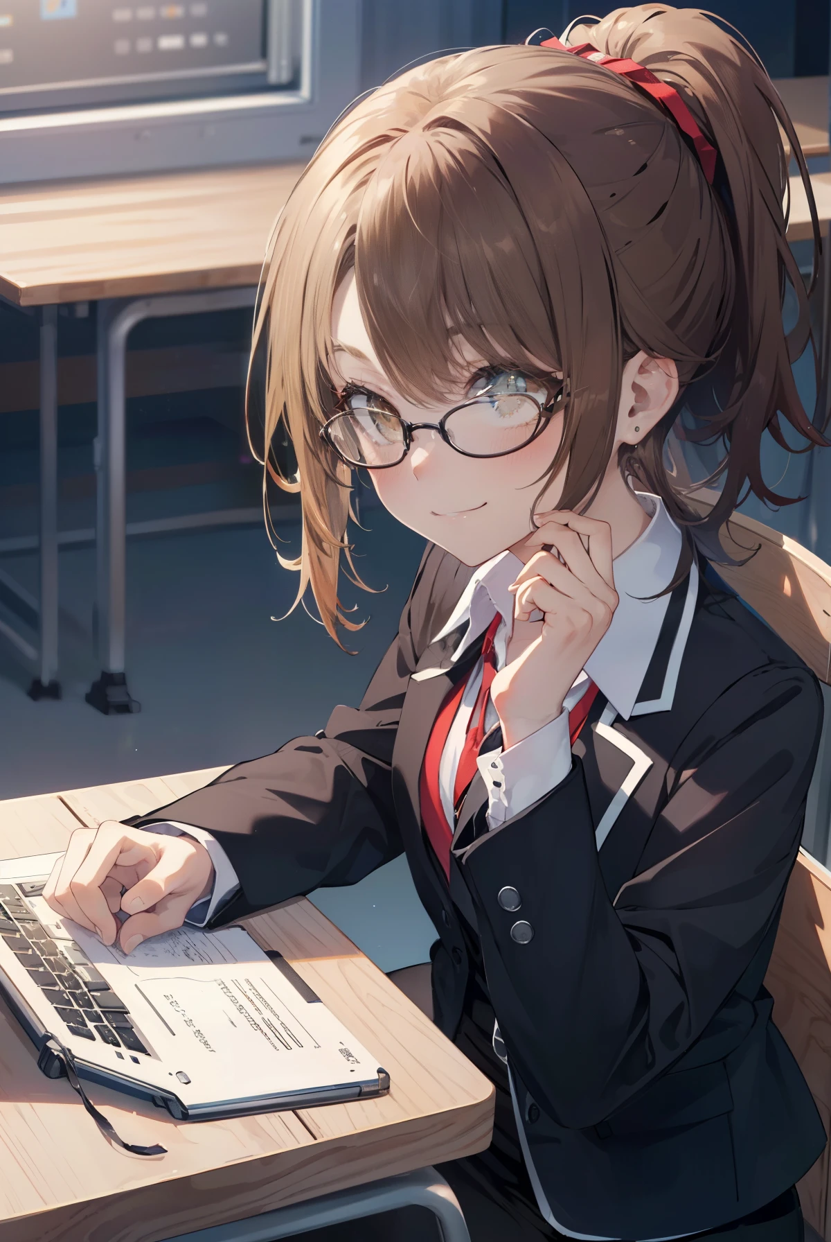 irohaisshiki, iroha isshiki, long hair, brown hair, (brown eyes:1.5), ponytail,smile,OL, red glasses, end, black suit jacket, collared jacket, white dress shirt, collared shirt, neckline, button, strap, ID card on the neck, black pencil skirt, black pantyhose, smile, blush, looking at the viewer, charm, Mechanical,On a computer,sitting in a chair, interior,touch typing , 
break indoors, office,
break (masterpiece:1.2), highest quality, High resolution, unity 8k wallpaper, (figure:0.8), (detailed and beautiful eyes:1.6), highly detailed face, perfect lighting, Very detailed CG, (perfect hands, perfect anatomy),