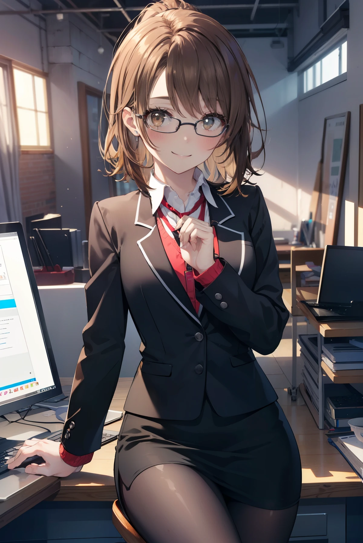 irohaisshiki, iroha isshiki, long hair, brown hair, (brown eyes:1.5), ponytail,smile,OL, red glasses, end, black suit jacket, collared jacket, white dress shirt, collared shirt, neckline, button, strap, ID card on the neck, black pencil skirt, black pantyhose, smile, blush, looking at the viewer, charm, Mechanical,On a computer,sitting in a chair, interior,touch typing ,
break indoors, office,
break (masterpiece:1.2), highest quality, High resolution, unity 8k wallpaper, (figure:0.8), (detailed and beautiful eyes:1.6), highly detailed face, perfect lighting, Very detailed CG, (perfect hands, perfect anatomy),
