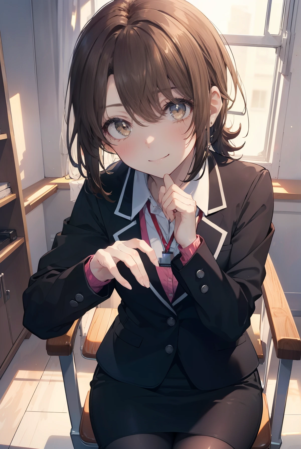 irohaisshiki, iroha isshiki, long hair, brown hair, (brown eyes:1.5), ponytail,smile,OL, red glasses, end, black suit jacket, collared jacket, white dress shirt, collared shirt, neckline, button, strap, ID card on the neck, black pencil skirt, black pantyhose, smile, blush, looking at the viewer, charm, Mechanical,On a computer,sitting in a chair, interior,touch typing , 
break indoors, office,
break (masterpiece:1.2), highest quality, High resolution, unity 8k wallpaper, (figure:0.8), (detailed and beautiful eyes:1.6), highly detailed face, perfect lighting, Very detailed CG, (perfect hands, perfect anatomy),