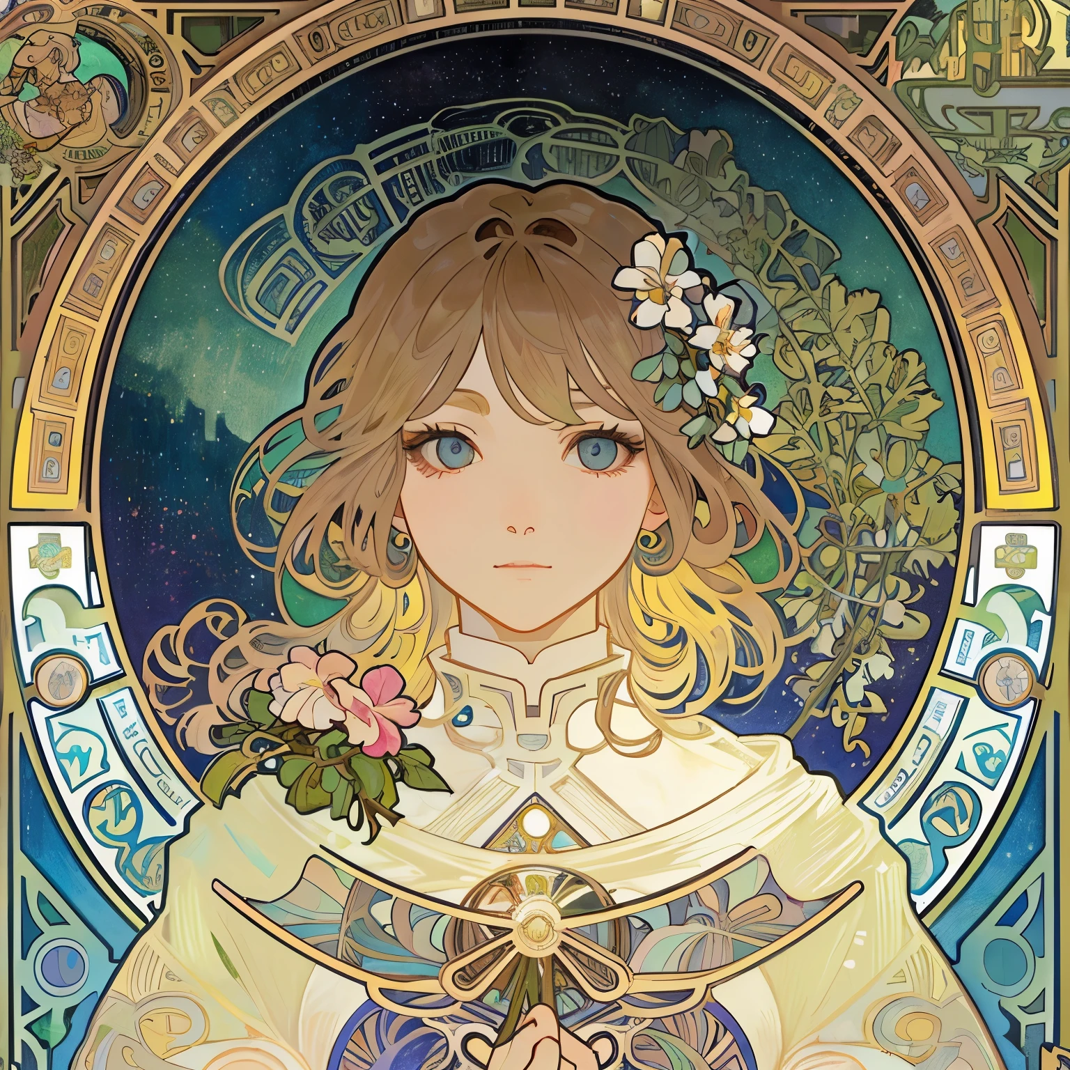 1 beautiful woman、(masterpiece、highest quality、highest quality、beautiful and aesthetic:1.2)、Rainbow-colored、sparkling jewelry hair ornament、flowers in full bloom、detailedジュエリー、dynamic、Based on the concept of an elegant woman、(((Alphonse Mucha style)))、shining eyes、colorful hair、falling petals、Gradation、非常にdetailed、Complex、detailed, wonderful, Complex詳細,complementary color, realistic concept art, 8K resolution, 逸脱のmasterpiece、background starry sky、clove up、cover、magazine、art history、Full moon behind、Illuminated by light、tarot cards