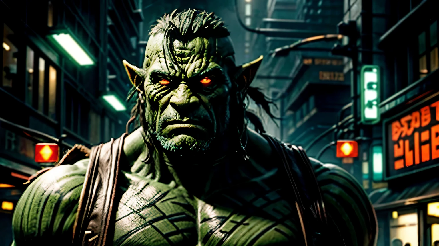 Create an image of a detailed and realistic orc character with cyberpunk aesthetics. The orc should have wrinkled green skin with scars and line markings that resemble tribal tattoos. Its eyes should be glowing red, and it should have pointed ears typical of orcish creatures. The orc's expression should be serious and somewhat menacing. It must have cybernetic implants and attachments including cables and tubes connected to its head. The orc should wear a mix of leather and metal armor with ornamental details. The setting should be a rainy night in a neon-lit city street.