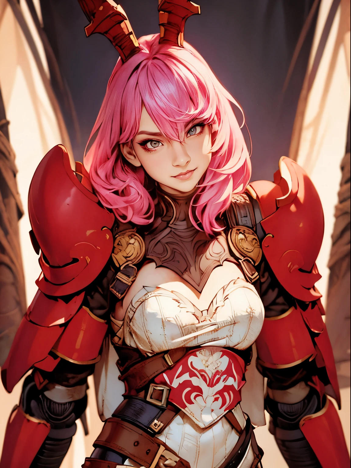 (best quality,highres:1.2), ultra-detailed, (realistic:1.37) portrait, aesthetic girl with pink hair, elegant bun, stunning sharp jawline, voluptuous round breasts, wearing samurai armor consisting of a chest plate, shoulder guards, arm guards, and leg guards. The armor is intricately designed with beautiful engravings and embellishments. The girl exudes strength and grace, embodying the spirit of a samurai. She wears a traditional samurai helmet adorned with feathers and intricate patterns. The poster showcases vibrant and vivid colors, with a focus on pink hues to complement the girl's hair. The lighting is expertly done, casting dramatic shadows and highlighting the girl's features. The overall scene has a surreal and dreamlike quality, adding to the aesthetic appeal.