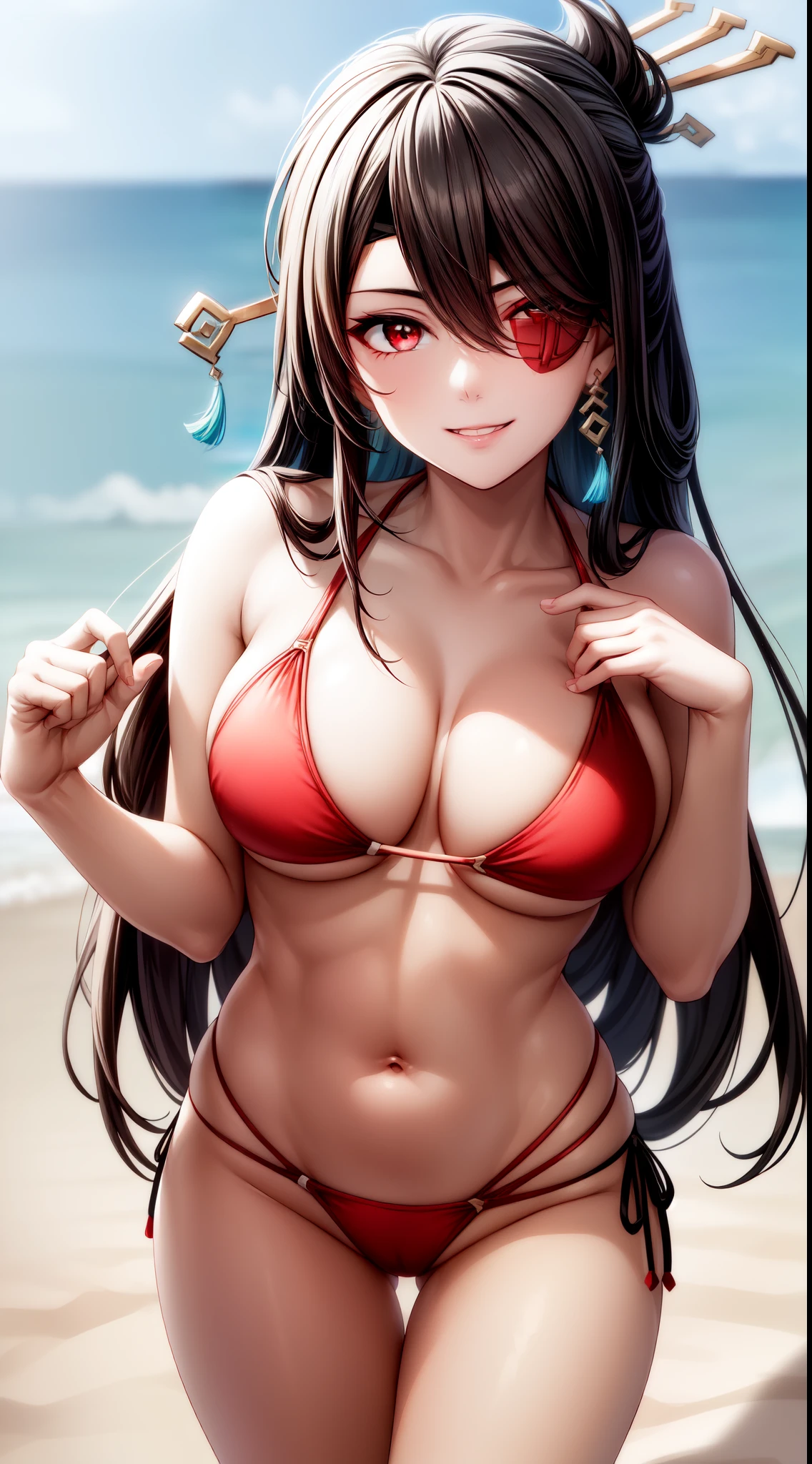 anime, beautiful face, highly detailed face, (2 accurate legs:1), red detailed eye, (eye patch:1.1), highly detailed beach background, perfect lighting, (perfect hands:1best lighting, (no shadows:1.4), 1girl, solo, outdoors, genshin impact, beidou, (beautiful black hair:1.2), hair ornament, absurdres, high res, ultrasharp, 8K, masterpiece, looking at viewer, teasing smile, facial expressions full of love, BREAK (detailed sexy beach bikini:1.3), (sexy pose:1.0), close up, standing up 