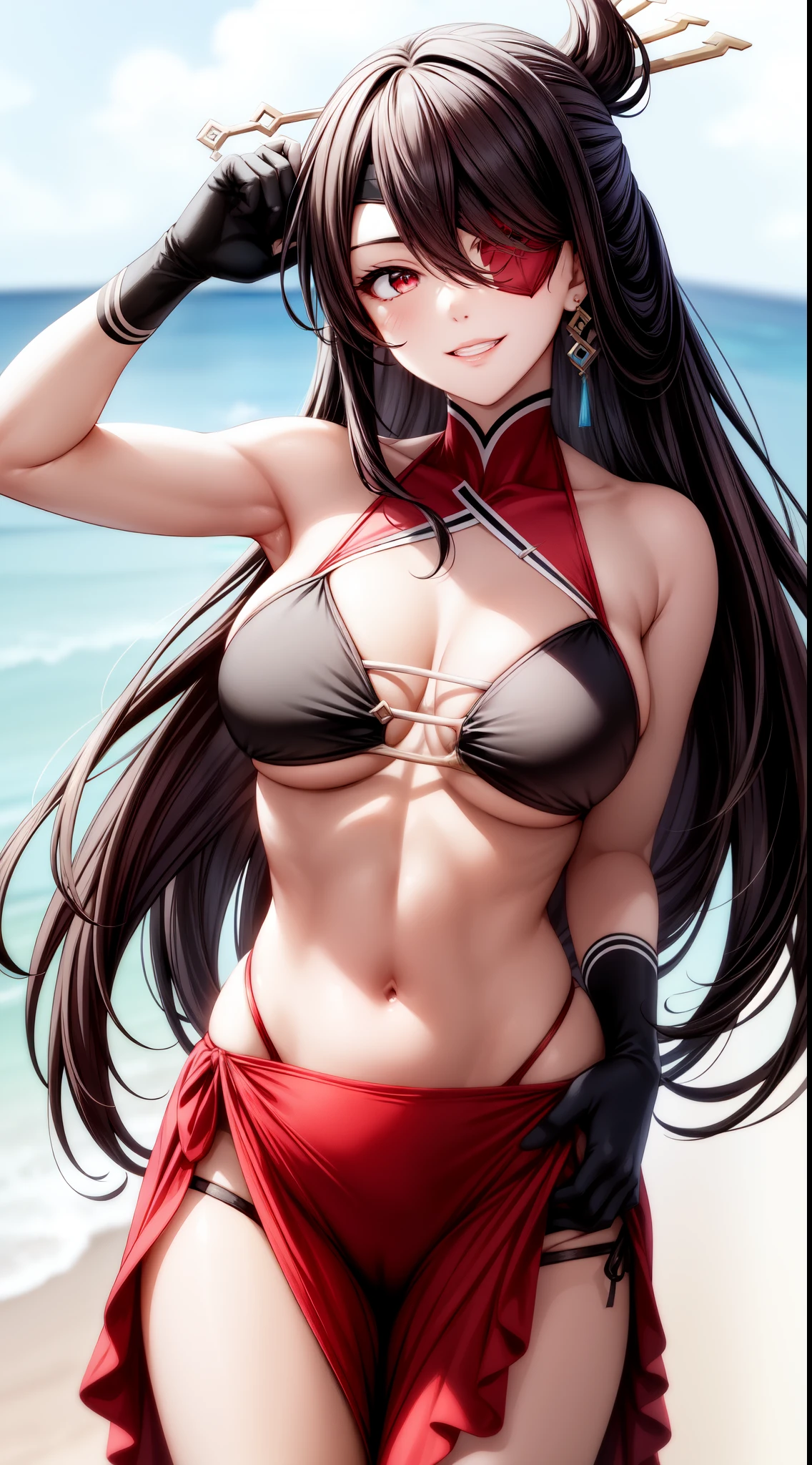 anime, beautiful face, highly detailed face, (2 accurate legs:1), red detailed eye, (eye patch:1.1), highly detailed beach background, perfect lighting, (perfect hands:1.2), best lighting, (no shadows:1.4), 1girl, solo, outdoors, genshin impact, beidou, (beautiful black hair:1.2), hair ornament, absurdres, high res, ultrasharp, 8K, masterpiece, looking at viewer, teasing smile, facial expressions full of love, BREAK (detailed sexy beach bikini:1.3), (sexy pose:1.0), close up, standing up 