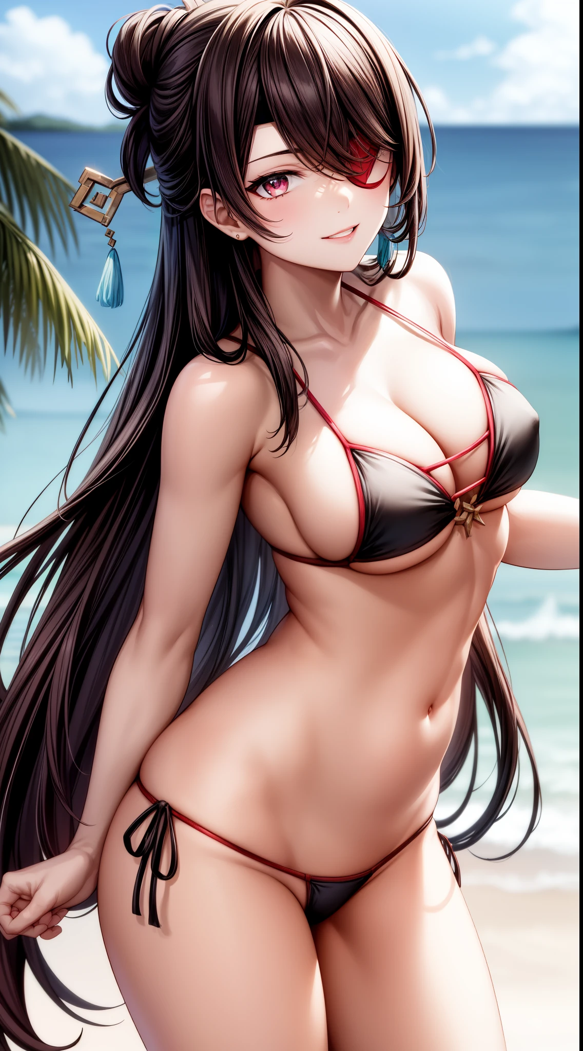 anime, beautiful face, highly detailed face, (2 accurate legs:1), red detailed eye, (eye patch:1.1), highly detailed beach background, perfect lighting, (perfect hands:1.2), best lighting, (no shadows:1.4), 1girl, solo, outdoors, genshin impact, beidou, (beautiful black hair:1.2), hair ornament, absurdres, high res, ultrasharp, 8K, masterpiece, looking at viewer, teasing smile, facial expressions full of love, BREAK (detailed sexy beach bikini:1.3), (sexy pose:1.0), close up, standing up