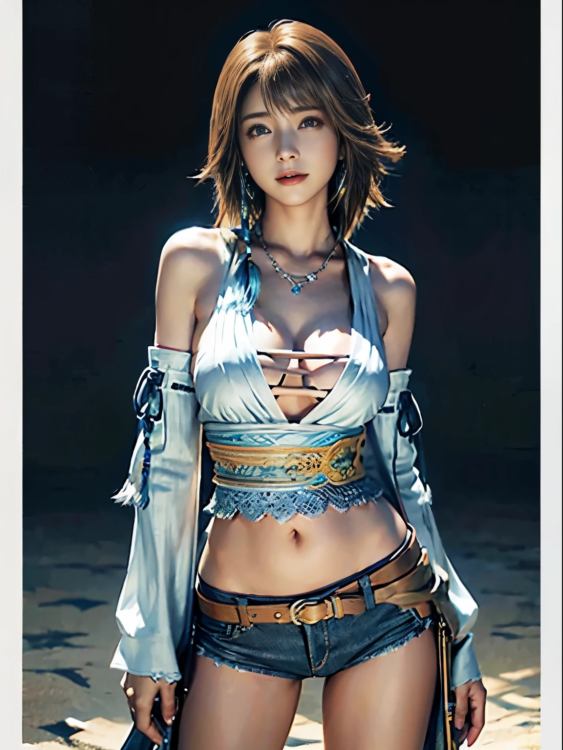 4k,1、denim bikini、table top, High resolution, super detailed), 1 female, 28 years old, Final Fantasy Yuna x2, More mature, ((simple background)), Plain dark background, ((There is nothing in the background)), surreal, Yuna's Final Fantasy Costume, Yuna's original costume design in Final Fantasy X2, (((nffsw://www.Creative Uncut.。.。.。.。.and/Gallery-01/FF10 - 2 - Yuna 2.....html))), Denim shorts exposed to tatters, Features of asymmetrical clothing, belt on left hip, Optimal clothing simulation, not a necklace, 1 female, Windy nights, Yuna&#39;bob hairstyle, Big breasts, cleavage, middle_chest, thick body, smile, lack of droopy sleeves,, close up shot, shot from the front, zoomed in shot, Access HIPS image scope, smile with closed mouth, from head to waist, Characters looking at the camera, I&#39;m watching you, YunaFFX, blue bead earrings