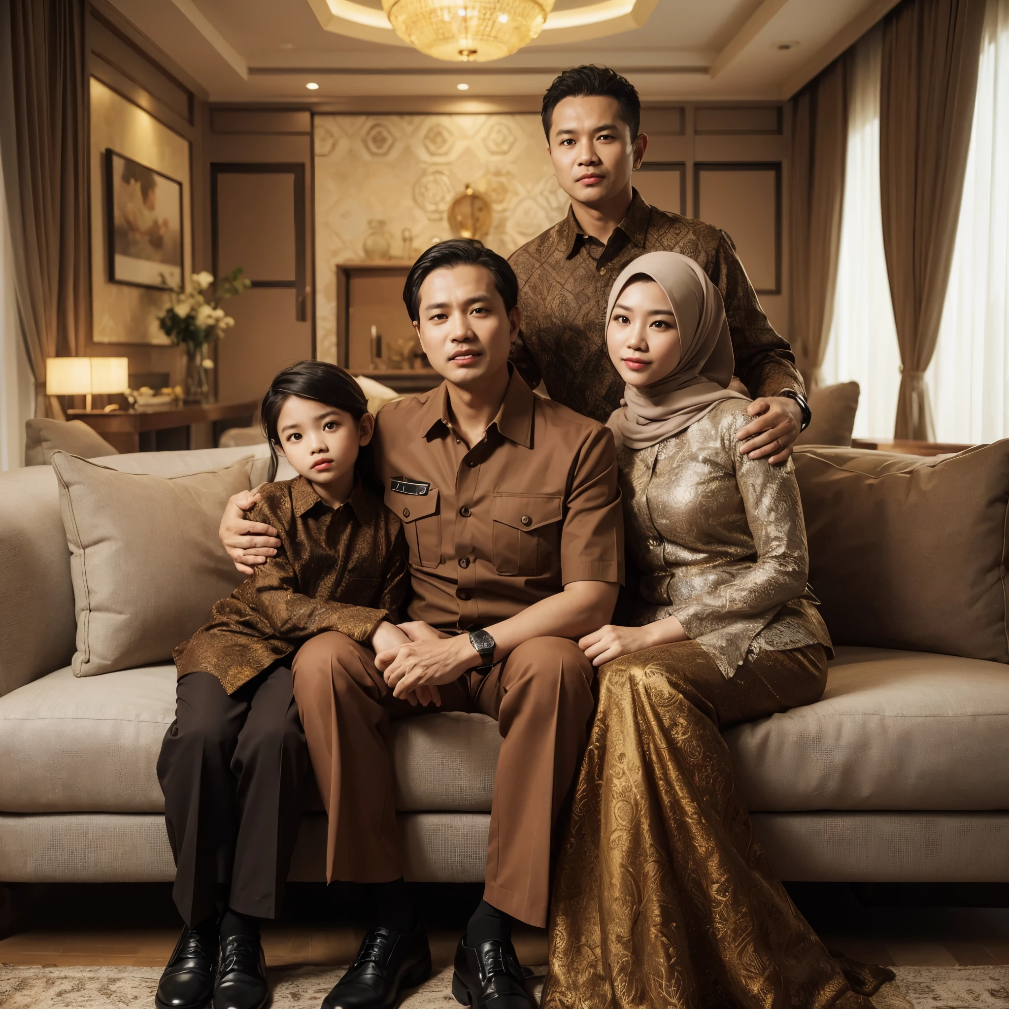Indonesian family photo, 45 year old man, wearing an earthy brown khaki uniform, short sleeves, wearing pants the same color as his shirt, wearing black shoes, 43 year old woman, wearing a golden red kebaya and hijab, one 25 year old young man and boy, wearing a red batik shirt, matching black pants, black shoes, sitting in the middle, sitting pose on the sofa, embracing each other, luxury living room background, detailed, realistic, ultra HD, 8k, white light