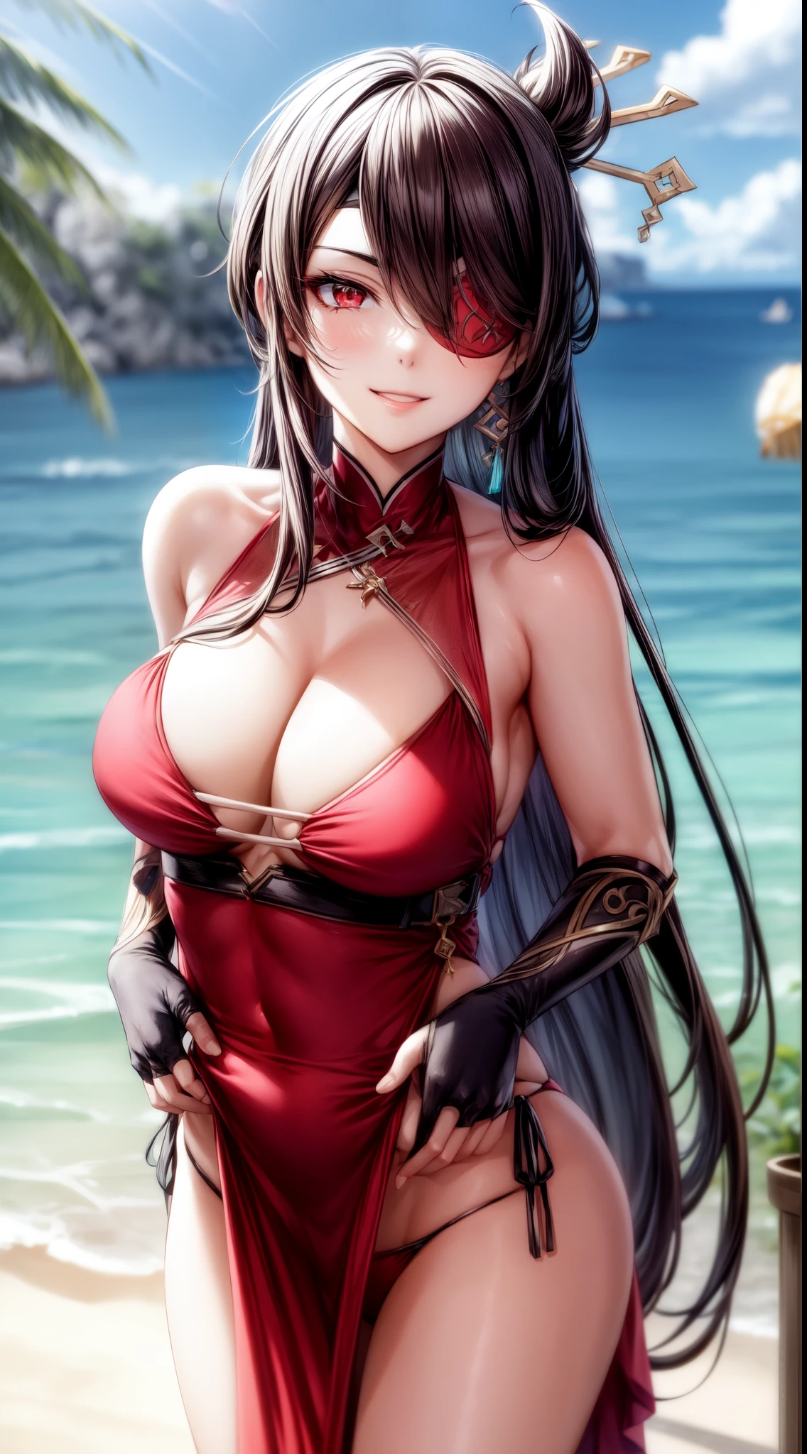 anime, beautiful face, highly detailed face, (2 accurate legs:1), red detailed eye, (eye patch:1.1), highly detailed beach background, perfect lighting, (perfect hands:1.2), best lighting, (no shadows:1.4), 1girl, solo, outdoors, genshin impact, beidou, (beautiful black hair:1.2), hair ornament, absurdres, high res, ultrasharp, 8K, masterpiece, looking at viewer, teasing smile, facial expressions full of love, BREAK (detailed sexy beach bikini:1.3), (sexy pose:1.0), close up, standing up 