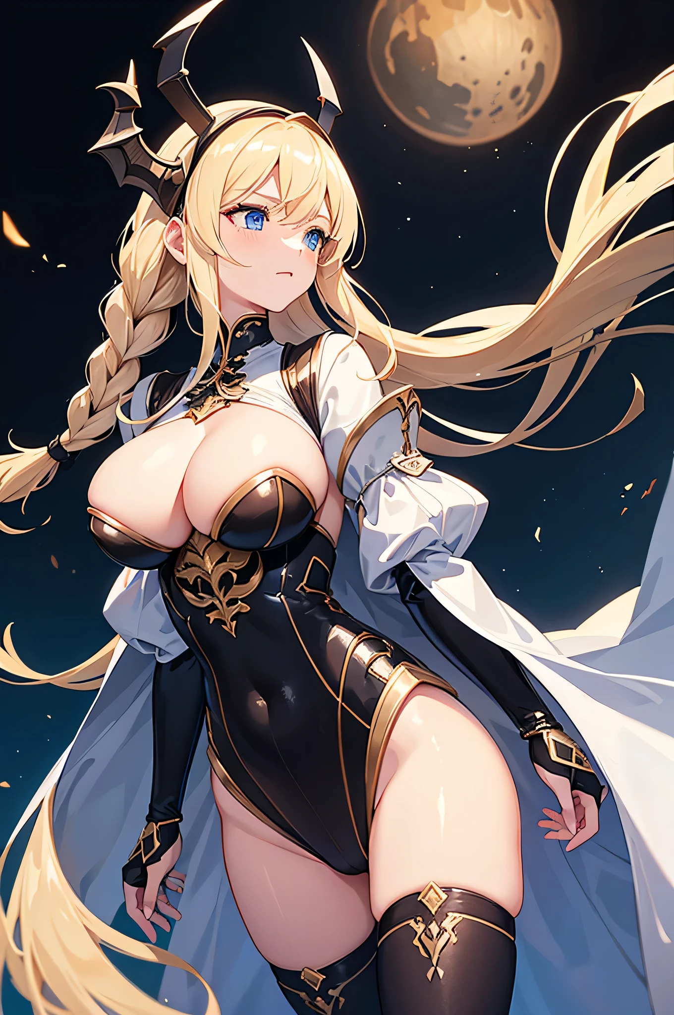 4k,High resolution,one woman,cream hair,long hair,Braid,blue eyes,big breasts,black leotard,knight armor,dragon visor,long sword,medieval castle