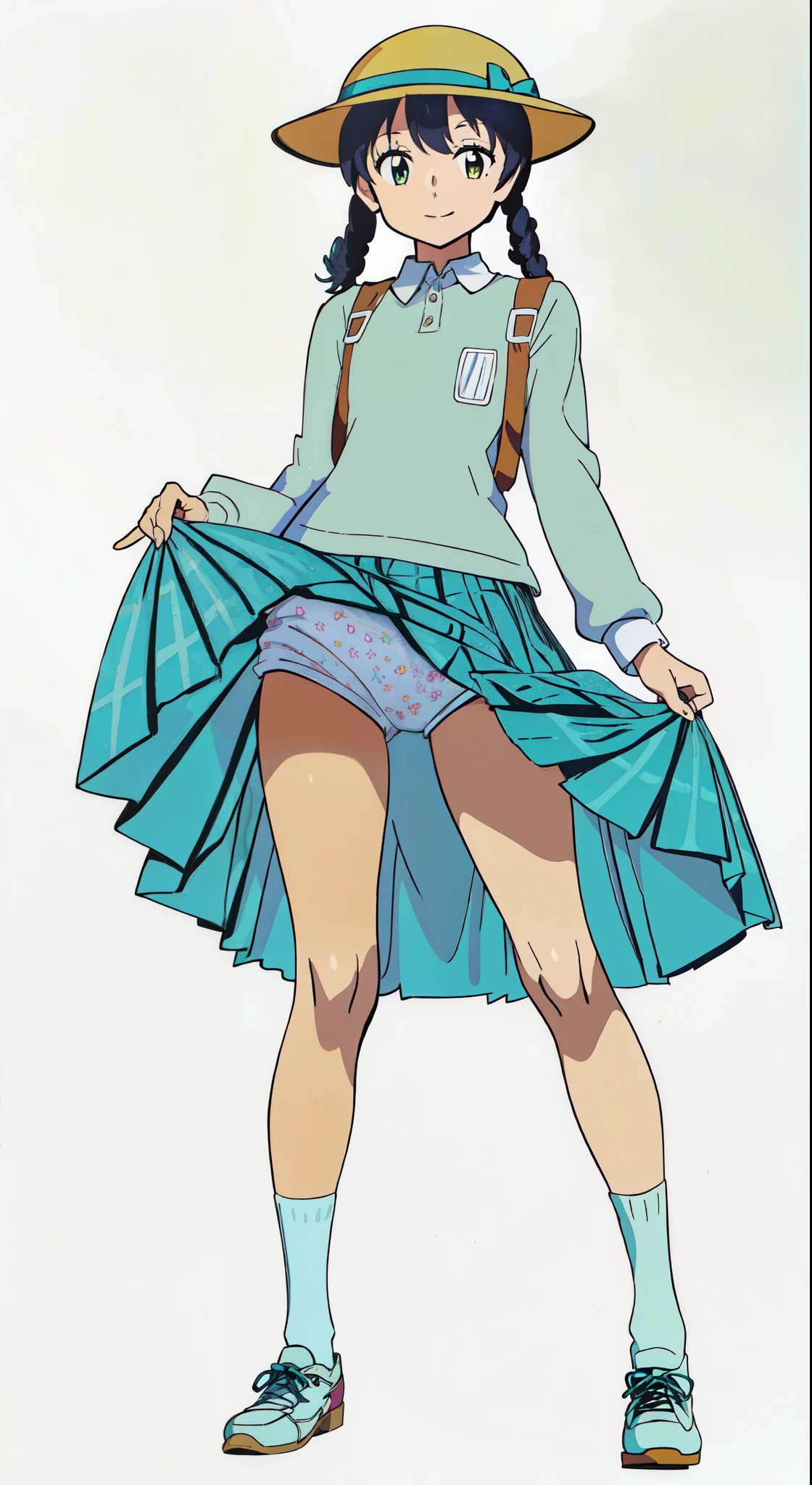 (detailed flower printed panties:1.0), (best quality:1.0), (masterpiece:1.0), (super fine illustration:1.0), (beautiful artwork:1.0), (anime screencap:1.0), (official art:1.0), (cheerful:1.5), (light smile:1.5), (detailed beautiful eyes:1.25), (detailed beautiful face:1.25), (glowing black eyes:1.0), (white background:1.0), (best quality:1.0), (masterpiece:1.0), (super fine illustration:1.0), (beautiful artwork:1.0), (anime screencap:1.0), (official art:1.0), (full body:1.0), (solo:1.0), (ESGA:1.0), (a 12yo cute girl:1.25), (yellow hat:1.25), (red backpack:1.0), (long skirt:1.0), (green tartan skirt:1.0), (pleated skirt:1.0), (aqua blue polo shirt:1.0), (long sleeve polo shirt:1.0), (sneakers:1.0), (white socks:1.25), (ideal ratio body proportions:1.25), (lanky:1.25), (tall:1.25), (slender:1.25), (small breasts:1.25), (smaller face:1.25), (tareme:1.0), (detailed beautiful eyes:1.25), (detailed beautiful face:1.25), (glowing black eyes:1.0), (short hair:1.0), (twin braids:1.0), (black hair:1.0), (looking at viewer:1.25)