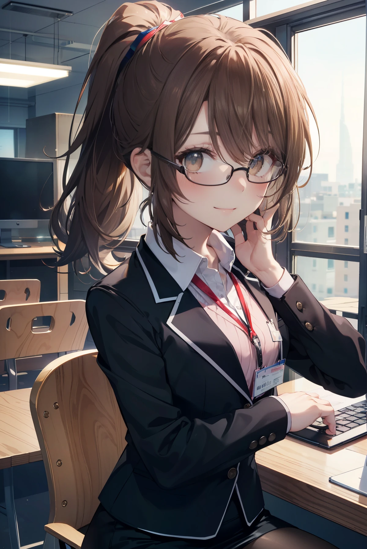 irohaisshiki, iroha isshiki, long hair, brown hair, (brown eyes:1.5), ponytail,smile,OL, red glasses, end, black suit jacket, collared jacket, white dress shirt, collared shirt, neckline, button, strap, ID card on the neck, black pencil skirt, black pantyhose, smile, blush, looking at the viewer, charm, Mechanical,On a computer,sitting in a chair, interior,touch typing ,
break indoors, office,
break (masterpiece:1.2), highest quality, High resolution, unity 8k wallpaper, (figure:0.8), (detailed and beautiful eyes:1.6), highly detailed face, perfect lighting, Very detailed CG, (perfect hands, perfect anatomy),