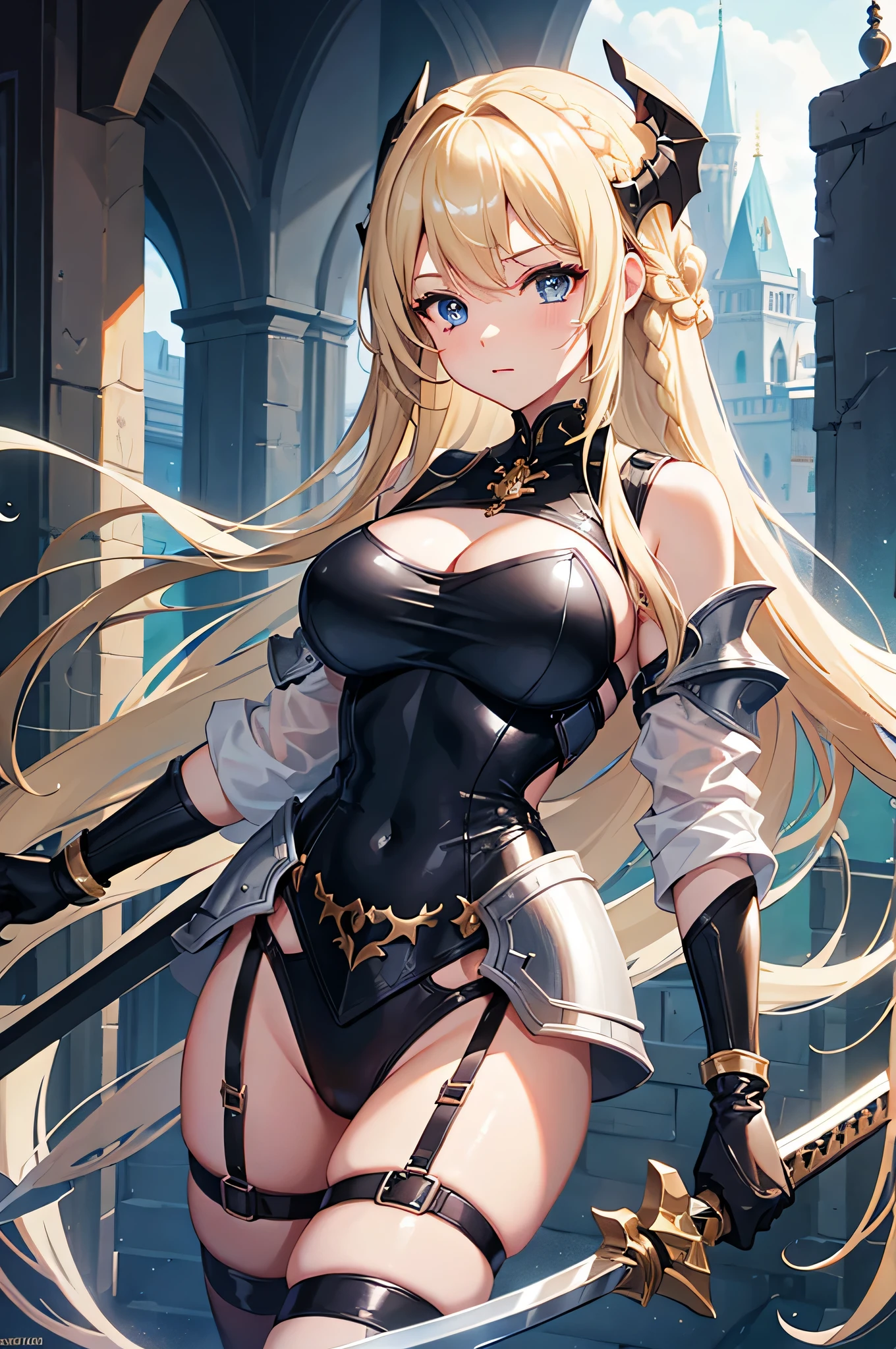 4k,High resolution,one woman,cream hair,long hair,Braid,blue eyes,big breasts,black leotard,knight armor,cleavage,dragon visor,long sword,medieval castle