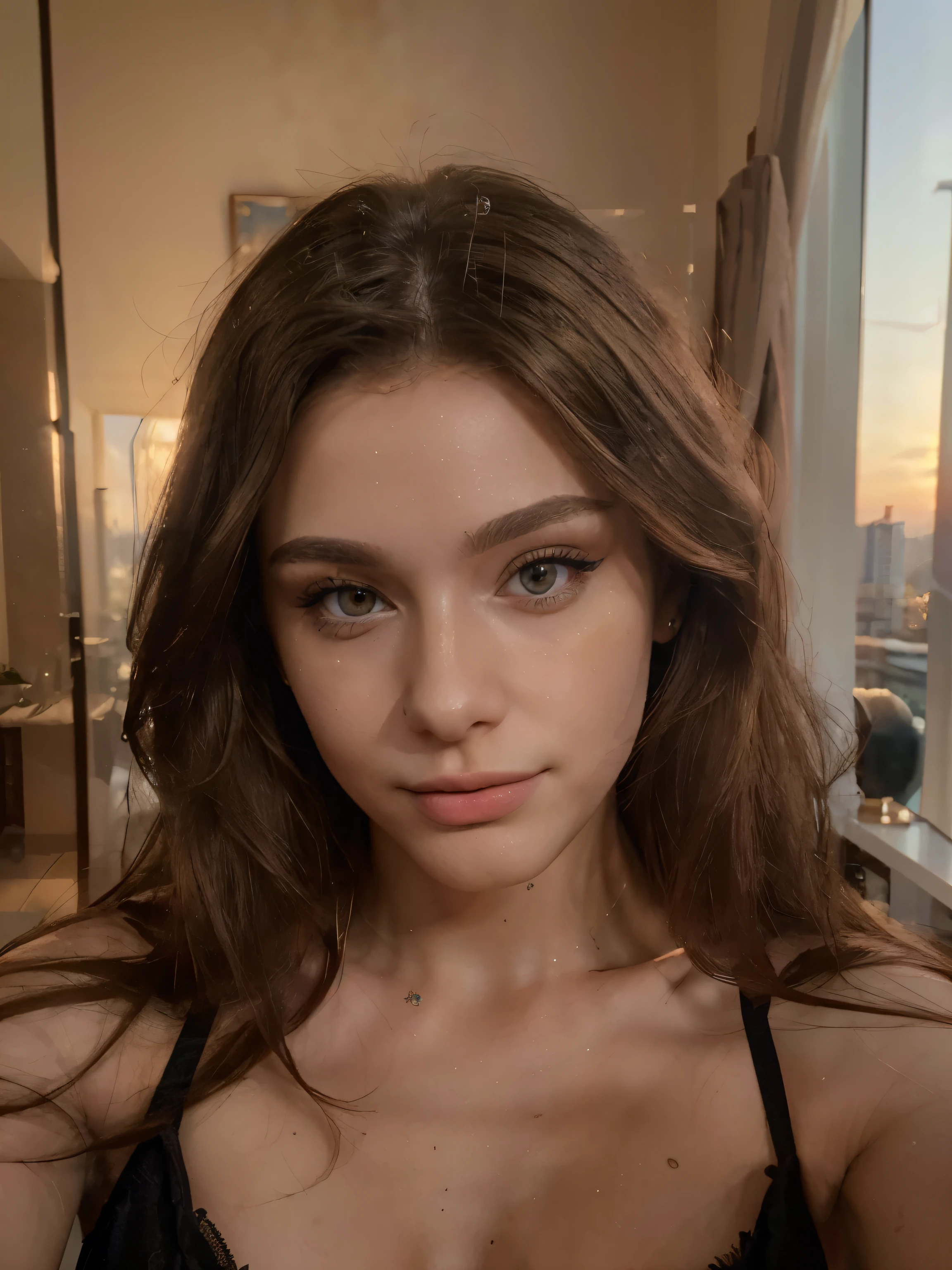 Arafed Frau total , Sexy woman with green eyes, Ultra-realistisch, Akribisch detailliert, portrait sophie mudd, Black hair and big eyes, lange Wimpern, Selfie einer jungen Frau, Augen im Schlafzimmer, Violet Myers, big nose cat-eye makeup, Direkt in die Kamera starren, Muttermal im gesicht, Gesicht mit Artgram, aufgespritzte Lippen, Stunning photo of the whole body, der auf dem Bett sitzend, im Schlafzimmer, kleine Oberweite, Video