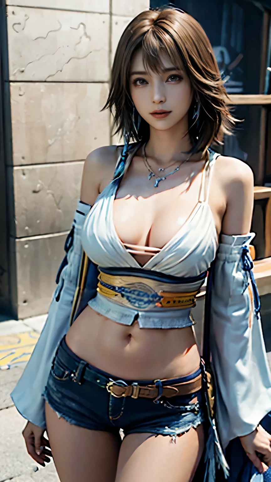 4k,1、denim bikini、table top, High resolution, super detailed), 1 female, 28 years old, Final Fantasy Yuna x2, More mature, ((simple background)), Plain dark background, ((There is nothing in the background)), surreal, Yuna's Final Fantasy Costume, Yuna's original costume design in Final Fantasy X2, (((nffsw://www.Creative Uncut.。.。.。.。.and/Gallery-01/FF10 - 2 - Yuna 2.....html))), Denim shorts exposed to tatters, Features of asymmetrical clothing, belt on left hip, Optimal clothing simulation, not a necklace, 1 female, Windy nights, Yuna&#39;bob hairstyle, Big breasts, cleavage, middle_chest, thick body, smile, lack of droopy sleeves,, close up shot, shot from the front, zoomed in shot, Access HIPS image scope, smile with closed mouth, from head to waist, Characters looking at the camera, I&#39;m watching you, YunaFFX, blue bead earrings