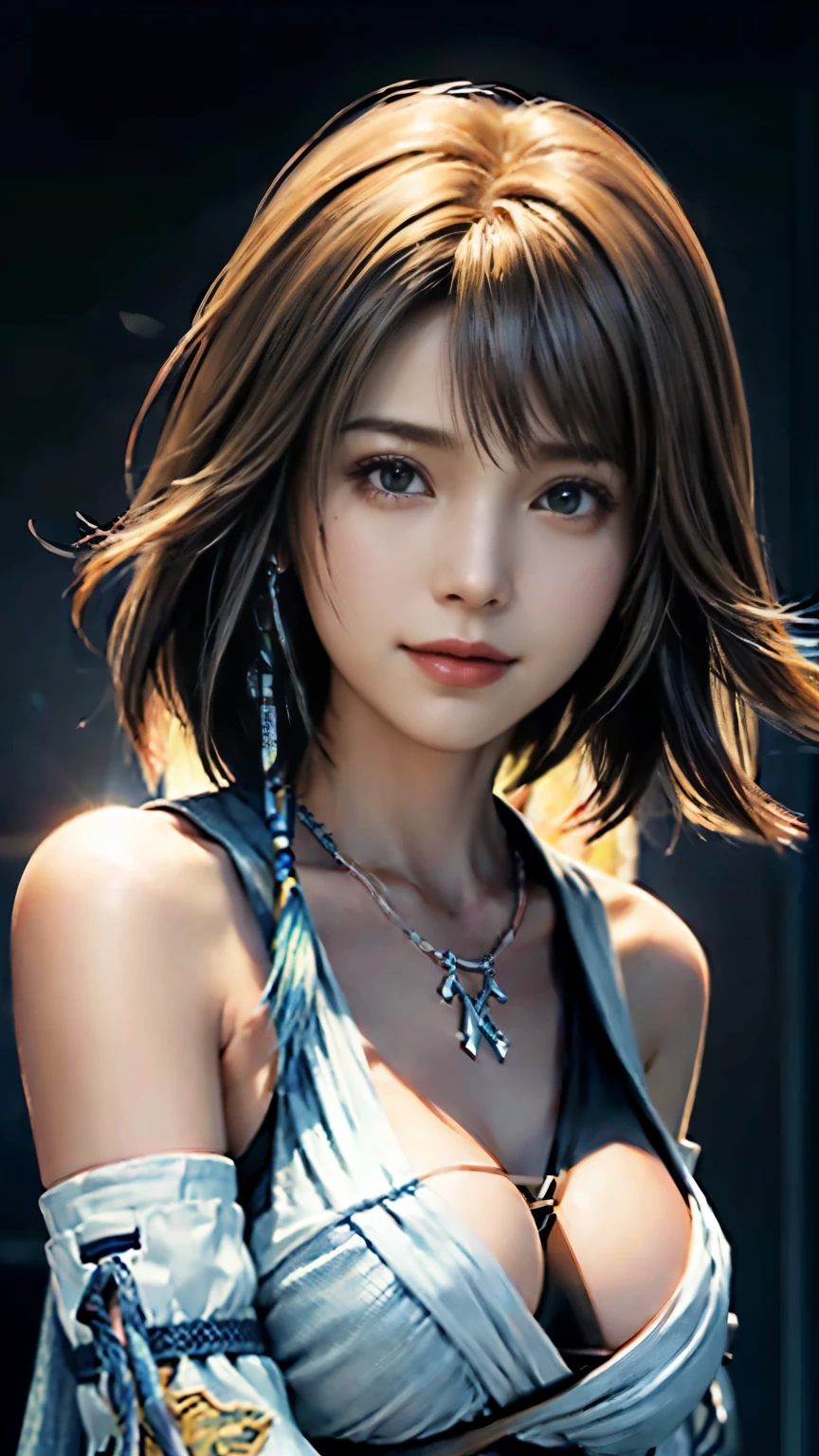 4k,1、denim bikini、table top, High resolution, super detailed), 1 female, 28 years old, Final Fantasy Yuna x2, More mature, ((simple background)), Plain dark background, ((There is nothing in the background)), surreal, Yuna's Final Fantasy Costume, Yuna's original costume design in Final Fantasy X2, (((nffsw://www.Creative Uncut.。.。.。.。.and/Gallery-01/FF10 - 2 - Yuna 2.....html))), Denim shorts exposed to tatters, Features of asymmetrical clothing, belt on left hip, Optimal clothing simulation, not a necklace, 1 female, Windy nights, Yuna&#39;bob hairstyle, Big breasts, cleavage, middle_chest, thick body, smile, lack of droopy sleeves,, close up shot, shot from the front, zoomed in shot, Access HIPS image scope, smile with closed mouth, from head to waist, Characters looking at the camera, I&#39;m watching you, YunaFFX, blue bead earrings