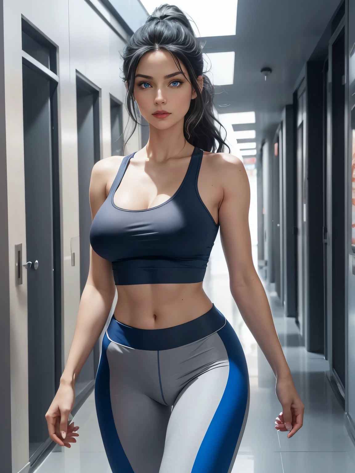 Caucasian woman, blue-black hair, wavy hair, long hair, hair in ponytail, blue eyes, highlights in eyes, focus in the blue eyes, red lipstick, athletic body, medium breasts, nipples, gray top, gray leggings, in building hallway, cameltoe, walking, frontal shot from bottom to top.