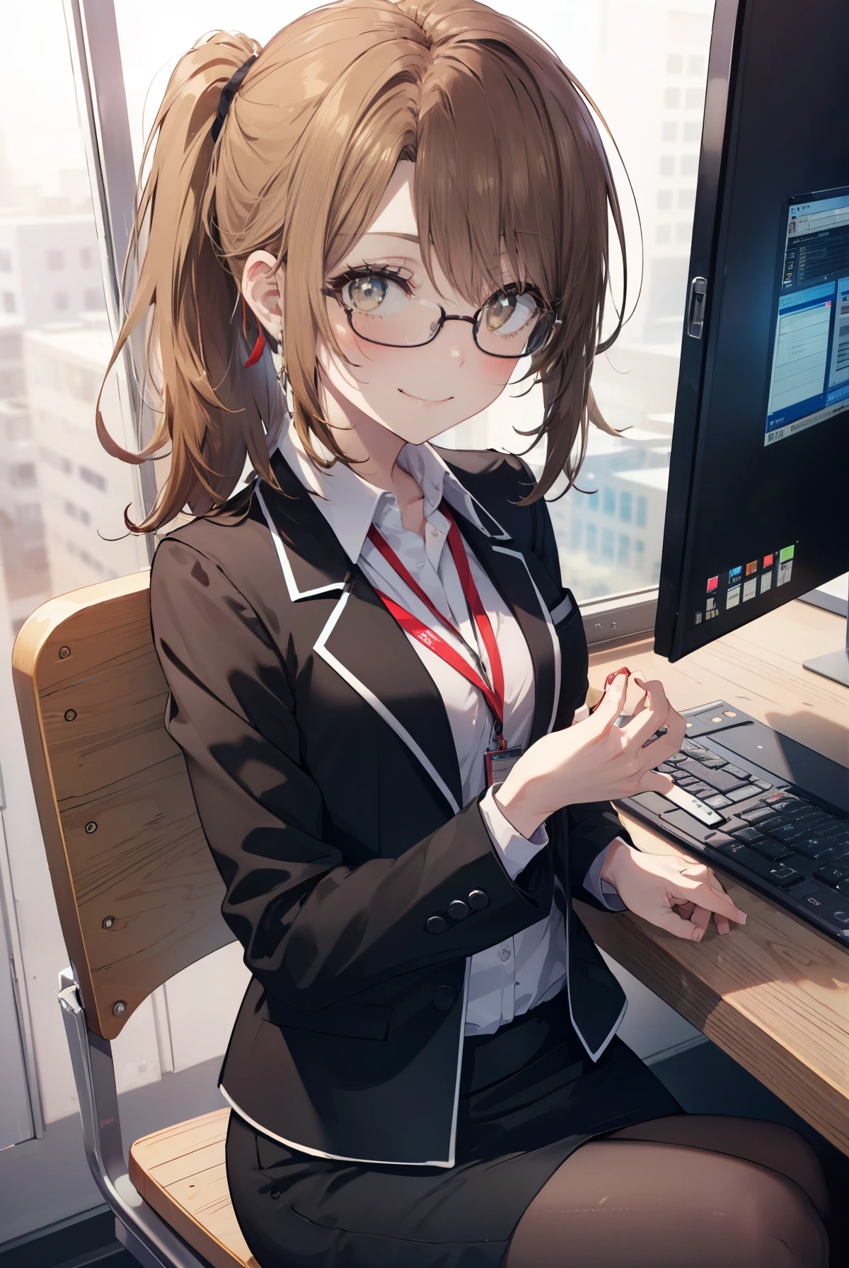 irohaisshiki, iroha isshiki, long hair, light brown hair, (brown eyes:1.5), ponytail,smile,OL, red glasses, end, black suit jacket, collared jacket, white dress shirt, collared shirt, neckline, button, strap, ID card on the neck, black pencil skirt, black pantyhose, smile, blush, looking at the viewer, charm, Mechanical,On a computer,sitting in a chair, interior,touch typing , 
break indoors, office,
break (masterpiece:1.2), highest quality, High resolution, unity 8k wallpaper, (figure:0.8), (detailed and beautiful eyes:1.6), highly detailed face, perfect lighting, Very detailed CG, (perfect hands, perfect anatomy),