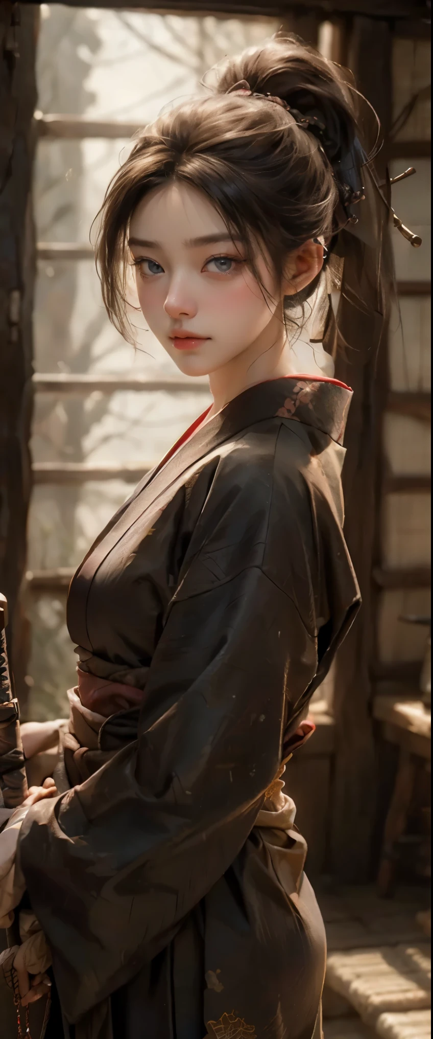 masterpiece、highest quality、超High resolution、realistic skin texture、Wearing a Japanese kimono and hakama、photorealistic、High resolution、Raw photo、shiny skin、realistic skin texture、best lighting、shine、dramatic lighting、dynamic pose、Japan wooden house、Female Samurai、swing a sword、1girl、balanced eyes、Wearing a Japanese kimono and hakama、ponytail、Blue eyes、look at the audience、 big breasts、big ass、