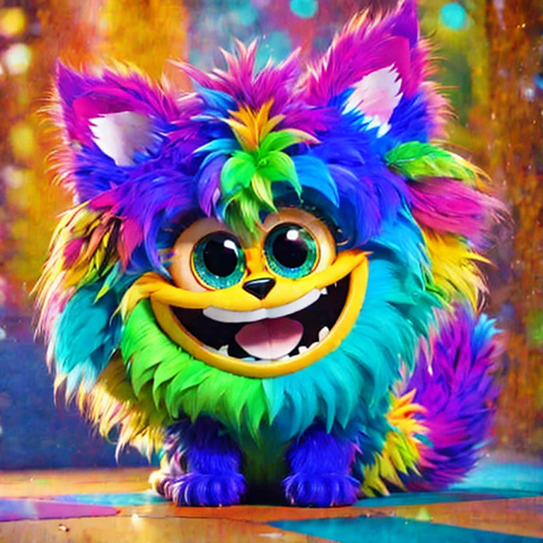 a colorful furry monster with big eyes and a big smile