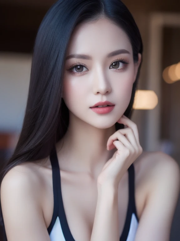 (realistic、masterpiece、Best Quality、8K、highres、high resolution:1.3)、1 girl、Gigantic breasts、white bikini、looking at viewers、super fine face and eyes、long hair、 upper body、