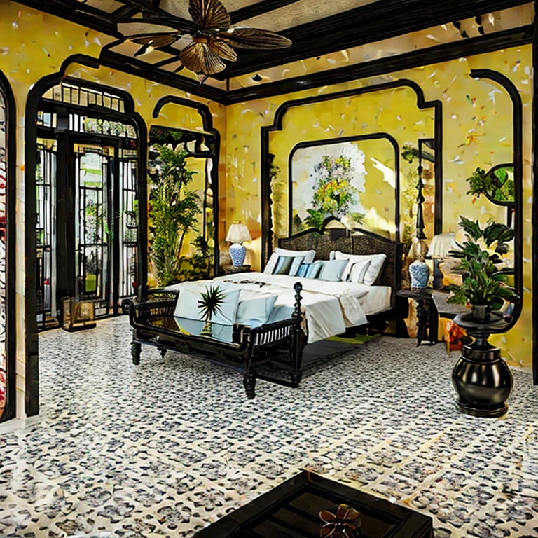 (masterpiece, best quality:1.2), interior design, (indochine style), glossy black wooden furniture, vray render