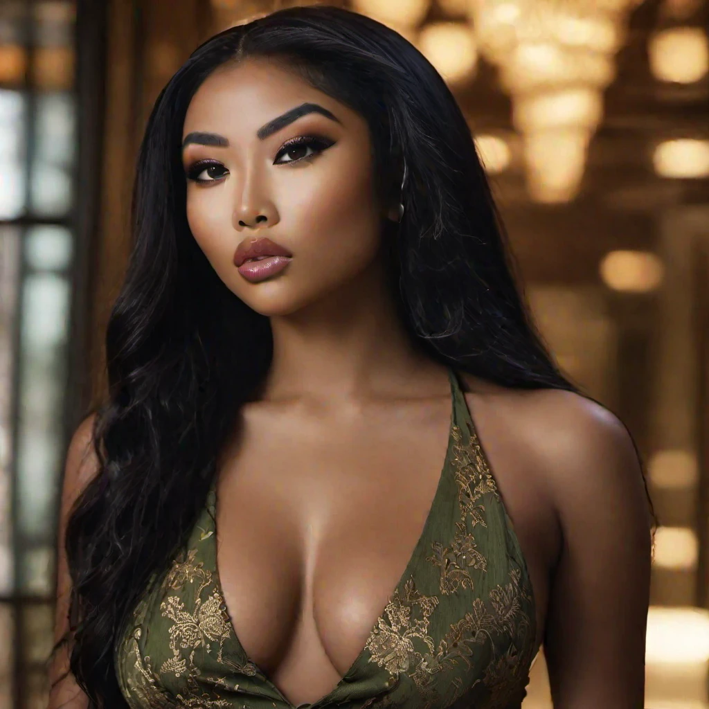 (masterpiece, 8K, best quality:1.2), 1girl, solo, a gorgeous woman with long black hair, full body shot, jaw-dropping beauty, dark skinned woman, dark olive skinned, gorgeous Half-Black Half-Chinese woman, full lips, detailed portrait shot, looking straight to camera, curvaceous, bodacious curves, fierce seductive look, flawless face, Beautiful smile, stunning, perfect hourglass body, photo of a beautiful woman, perfectly lit face, beautiful makeup