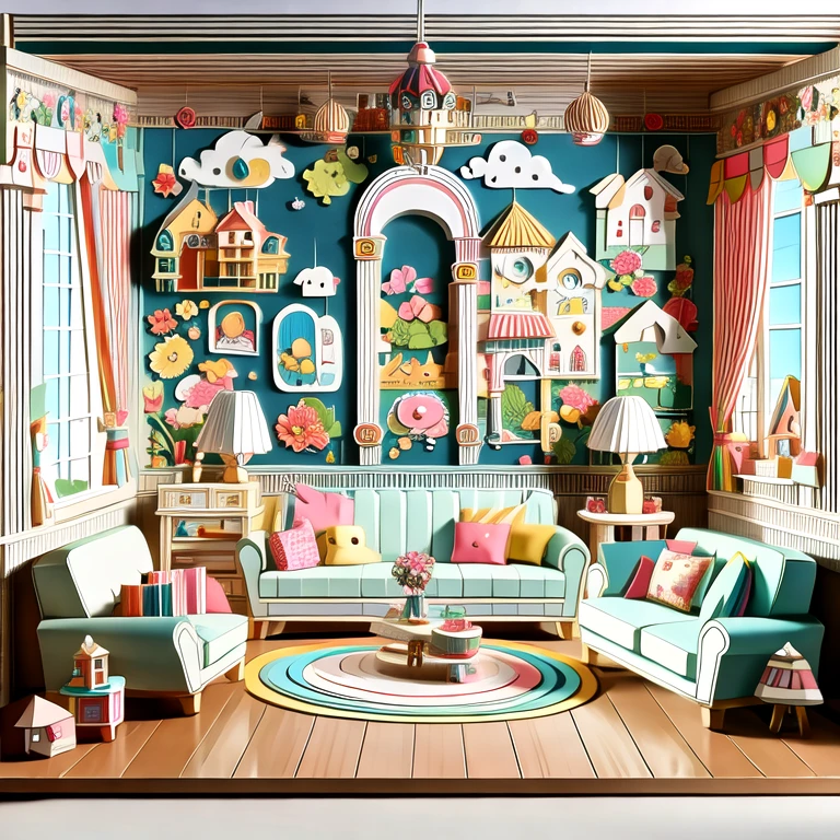 (masterpiece, best quality:1.2), 3d paper cut style, classic, cartoon, cute, living room paper cut art, playful and cute room decoration, paper art furniture, sofas, chairs and tables made of folded and cut paper, bright colors, whimsical patterns, walls decorated with animals, Flowers, landscapes and other paper art cartoons