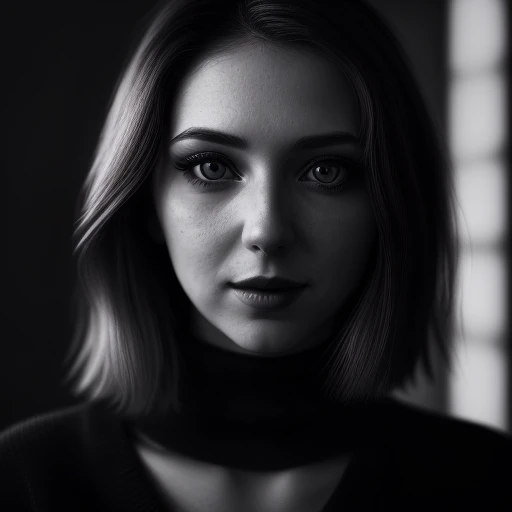 (best quality,4k,8k,highres,masterpiece:1.2),ultra-detailed,(realistic,photorealistic,photo-realistic:1.37),portrait,instagram photo,photo of 23 y.o Chloe in black sweater,cleavage,pale skin,(smile:0.4),hard shadows,soft focus,bokeh,vivid colors,subtle color grading,dreamy lighting,medium contrast,modern background,sharp details,beautiful eyes,black and white image,playful expression,stylish pose,axial lighting.