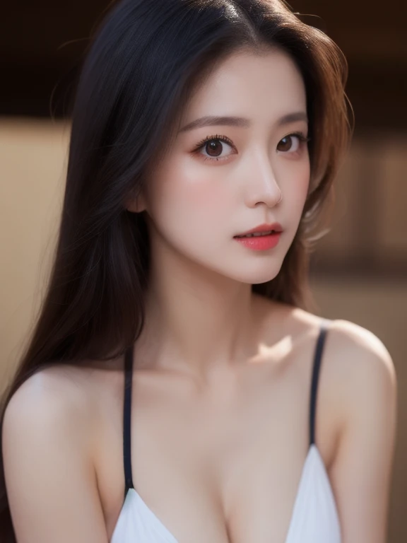 (realistic、masterpiece、Best Quality、8K、highres、high resolution:1.3)、1 girl、Huge breasts、white bikini、looking at viewers、super fine face and eyes、long hair、 upper body、