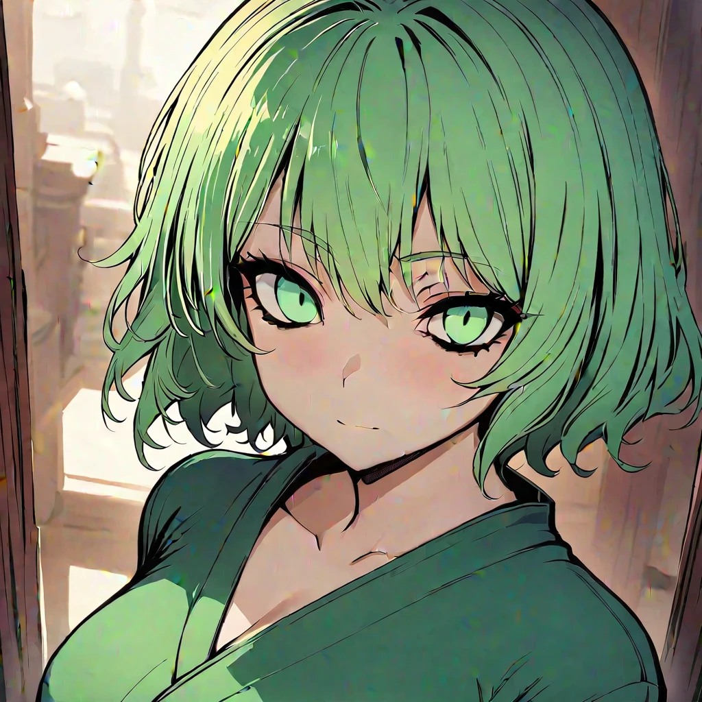 (masterpiece, best quality:1.2), 1girl, solo, PIPNEXT STYLE:1, portrait, green eyes, green hair, short hair, green jacket, green skirt, upperbody, perspective