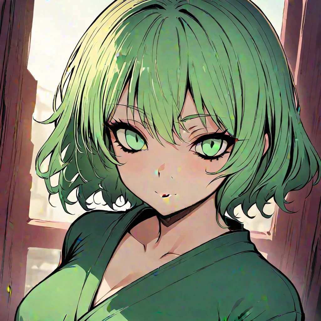 (masterpiece, best quality:1.2), 1girl, solo, PIPNEXT STYLE:1, portrait, green eyes, green hair, short hair, green jacket, green skirt, upperbody, perspective