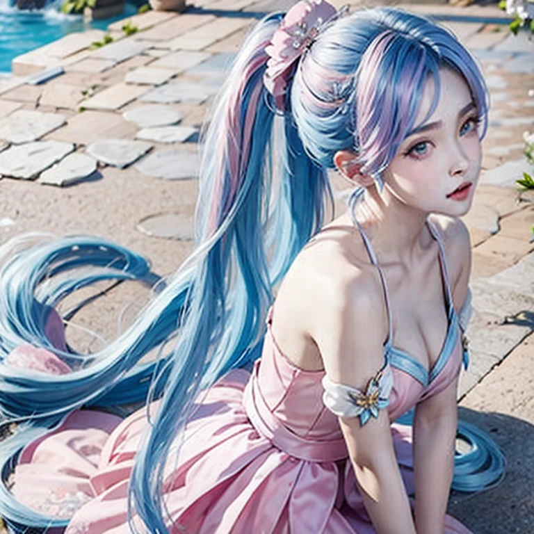 (masterpiece, best quality:1.2), 1girl, solo, blue and pink hair, long hair, beautiful girl, hair tied back and divided in half, blue butterfly scene