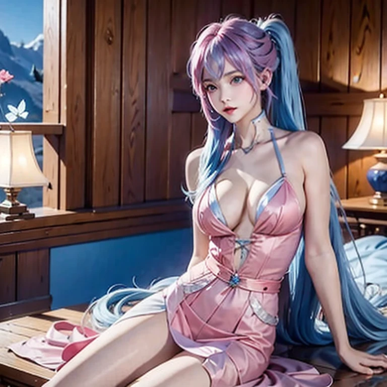 (masterpiece, best quality:1.2), 1girl, solo, blue and pink hair, long hair, beautiful girl, hair tied back and divided in half, blue butterfly scene, super thin nightgown, no-bra, open legs, sexy girl