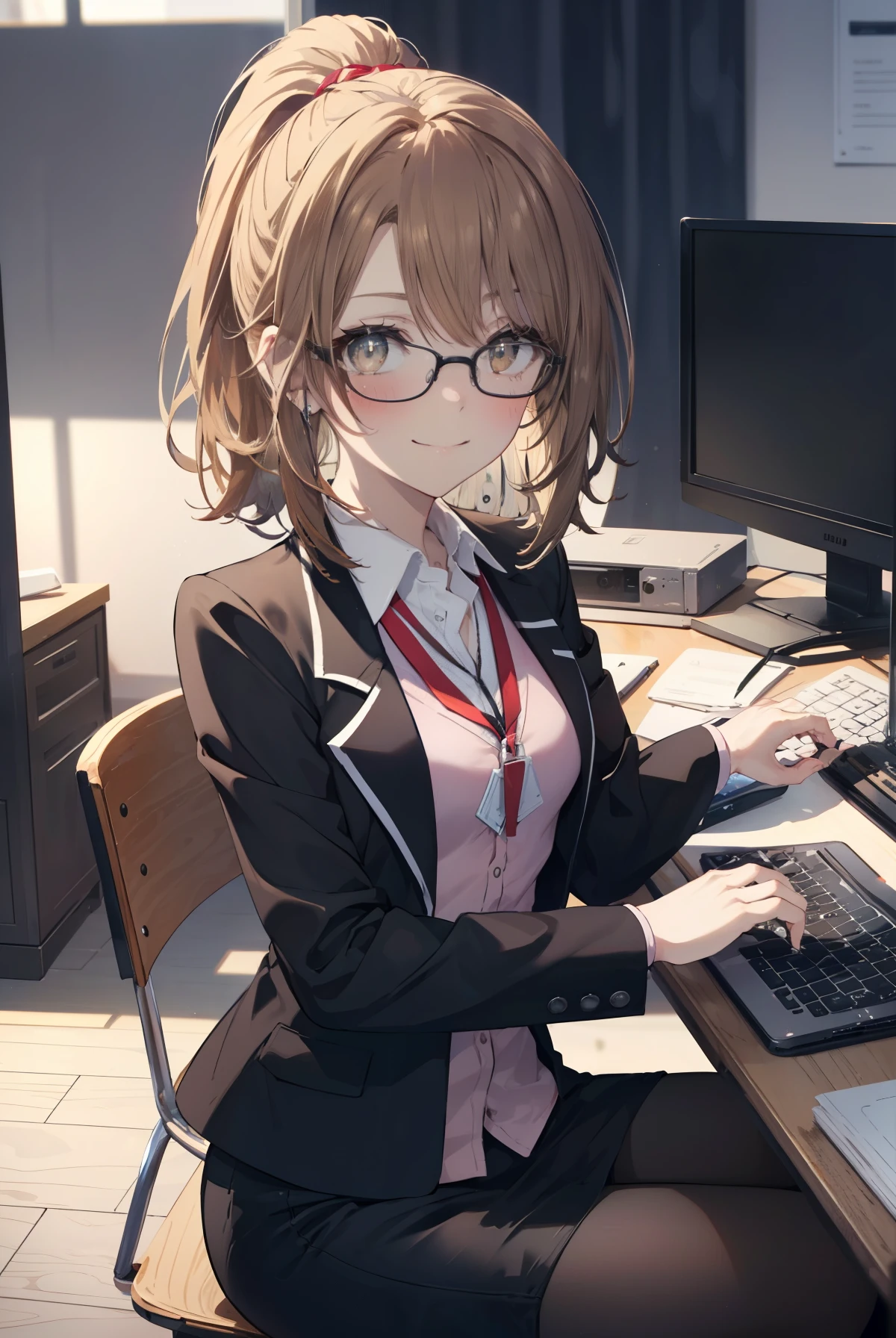 irohaisshiki, iroha isshiki, long hair, light brown hair, (brown eyes:1.5), ponytail,smile,OL, red glasses, end, black suit jacket, collared jacket, white dress shirt, collared shirt, neckline, button, strap, ID card on the neck, black pencil skirt, black pantyhose, smile, blush, looking at the viewer, charm, Mechanical,On a computer,sitting in a chair, interior,touch typing , 
break indoors, office,
break (masterpiece:1.2), highest quality, High resolution, unity 8k wallpaper, (figure:0.8), (detailed and beautiful eyes:1.6), highly detailed face, perfect lighting, Very detailed CG, (perfect hands, perfect anatomy),