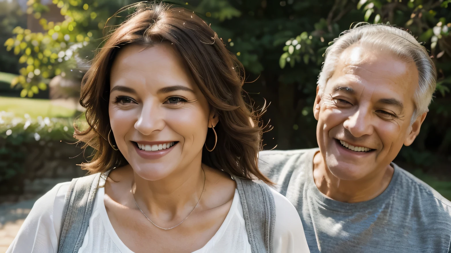 Portrait close up head shot of one cheerful smiling middle age woman walking with her husband enjoying free time and nature. Active beautiful seniors in love together at sunny day, cinematic shot, 16K, ultra HD, realistic