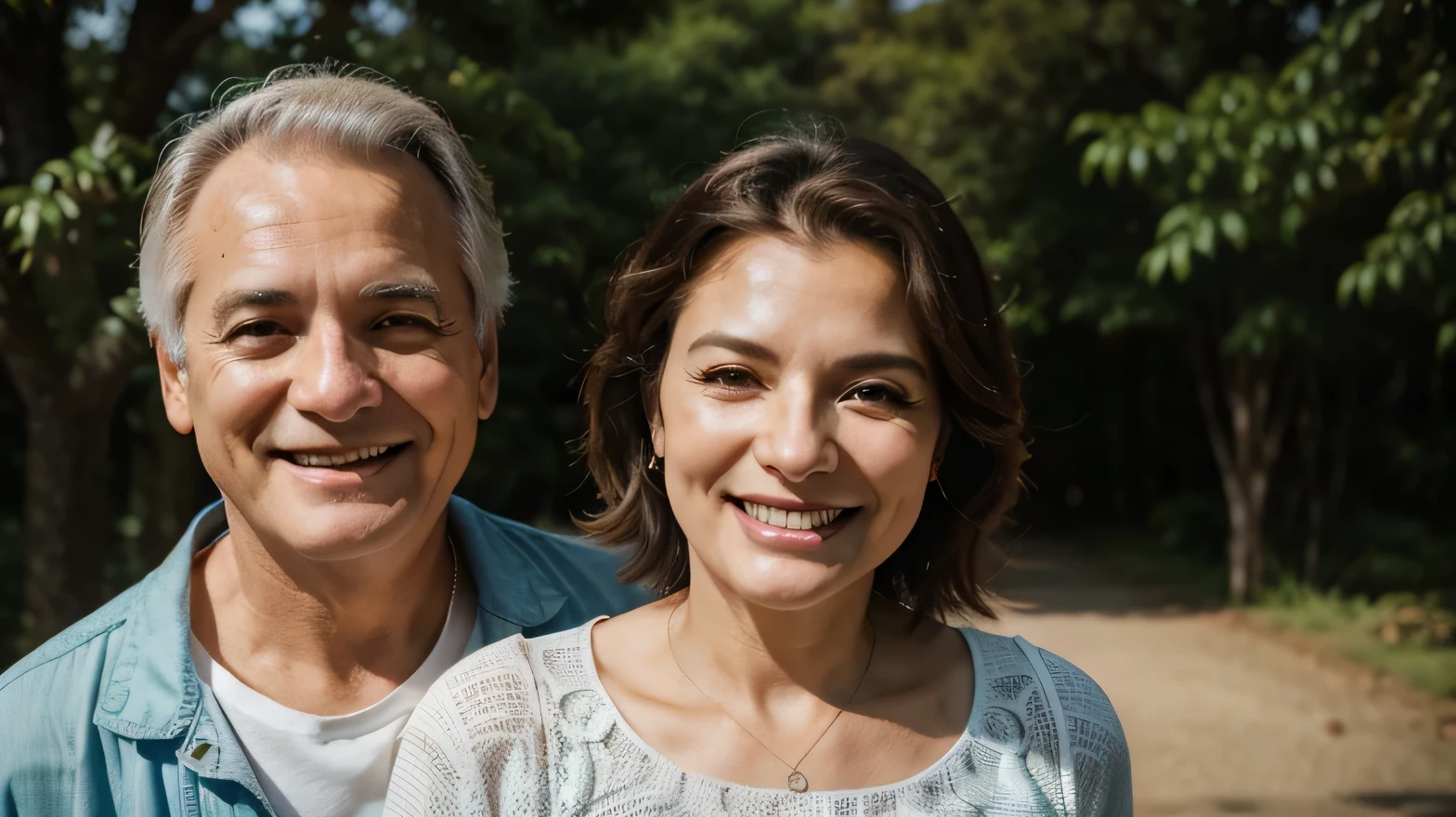 Image of a couple in a mountain landscape celebrating 20 years of marriage, que refleje mucho amor, ternura, confianza. The man contemplating his wife while she smiles very excitedly