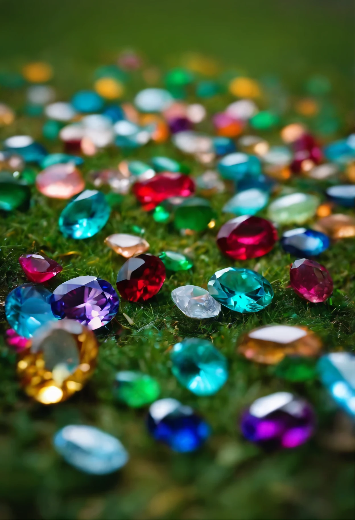 Jewel stones and diamonds thrown on the lawn on the ground 