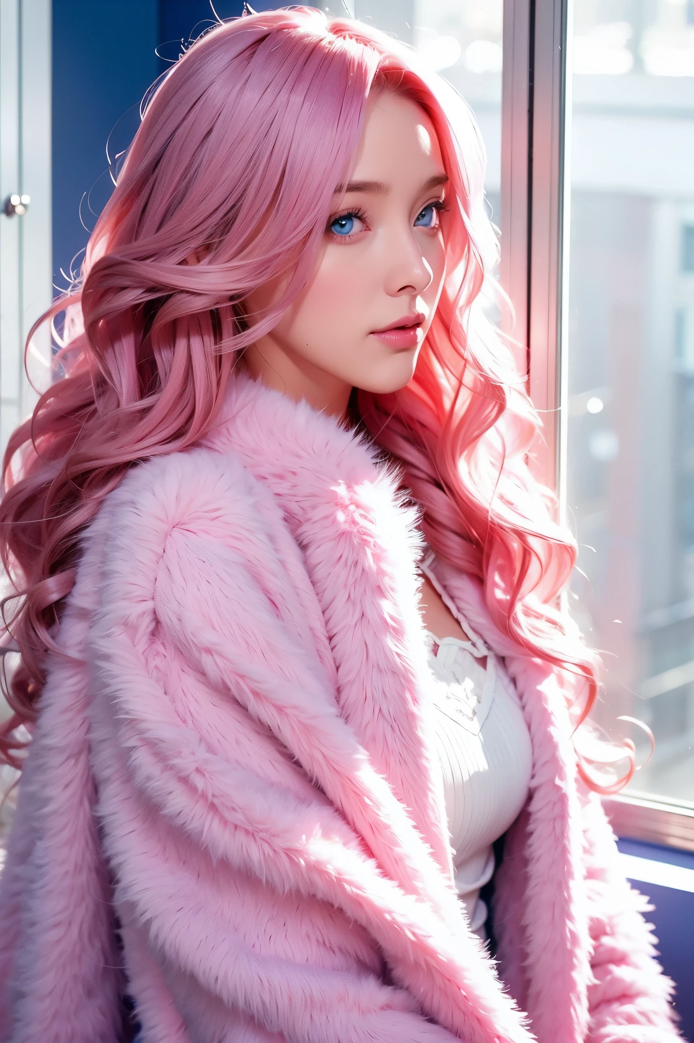 Woman, long curly hair, pink hair, blue eyes, furry coat, short outfit, window, cute