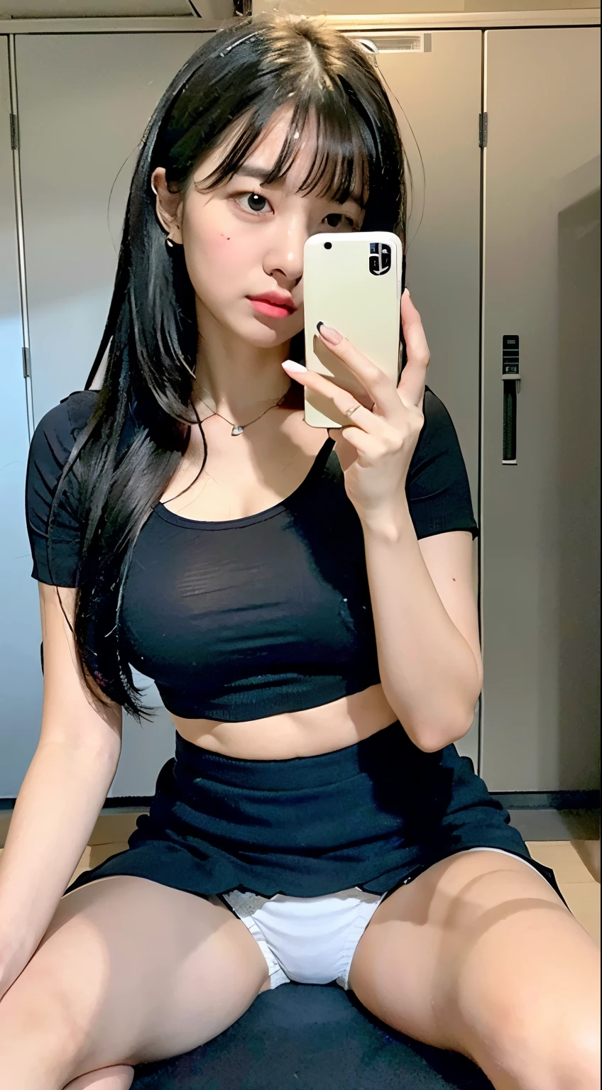 ((realistic lighting, highest quality, 8K, masterpiece, medium shot: 1.3)), clear focus: 1.2, 1 girl, perfect figure: 1.4, plump bust,((long black hair)),((With bangs)), (black crop top:1.4）,The whole delicate breast leaks out，inside the locker room, sitting on a bench,Moderately thin calves,exposed thighs,navy blue ankle length socks,white sneakers,super fine face, fine eyes, double eyelid,White pleated mini skirt,Taking a selfie with a black smartphone in his left hand,Your face is hidden by your smartphone、holding the right leg with the right hand、resting his chin on his right knee、((((Panties are visible from inside the skirt))))、(white panties)、(tilt your head a little)
