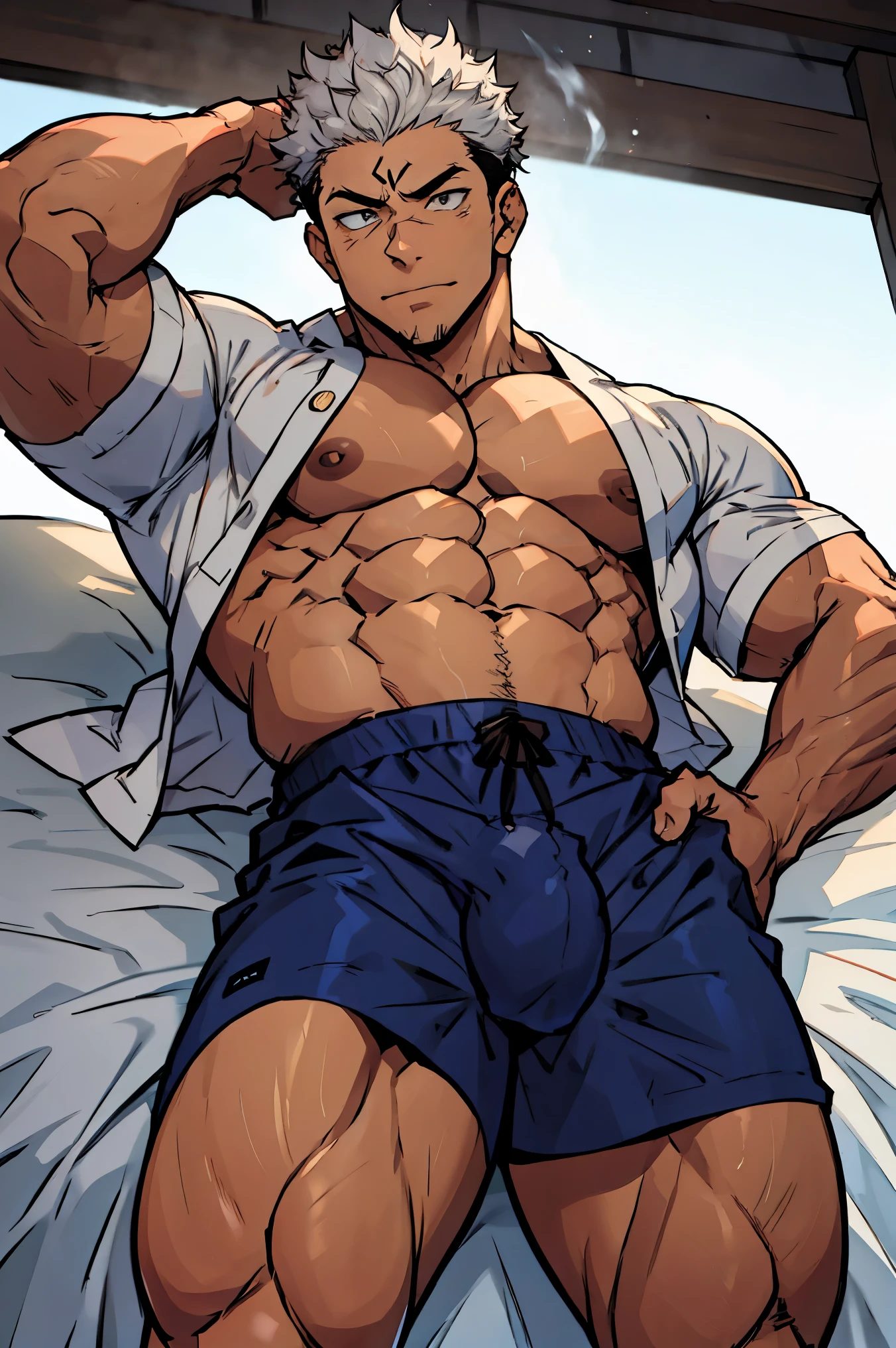 Macho bonito, ele tem cabelo branco, quase sempre despenteado, e sempre penteado pra cima,tip cabelo do personagem Satoru Gojo do anime Jujutso Kaisen, mas tem um certo olhar para ele. he is tall, com ombros largos, musculoso. His face is very masculine, olhar pevertido. Olhos azuis cristalinos extremamente atraentes,cara de cafajeste, deitado em uma cama,  The eyelashes, just as hair and eyebrows are white as snow,mas sem exagerar. big bulge. wearing only boxer shorts   . don&#39;t wear any shirt ,um homem muito atraente.