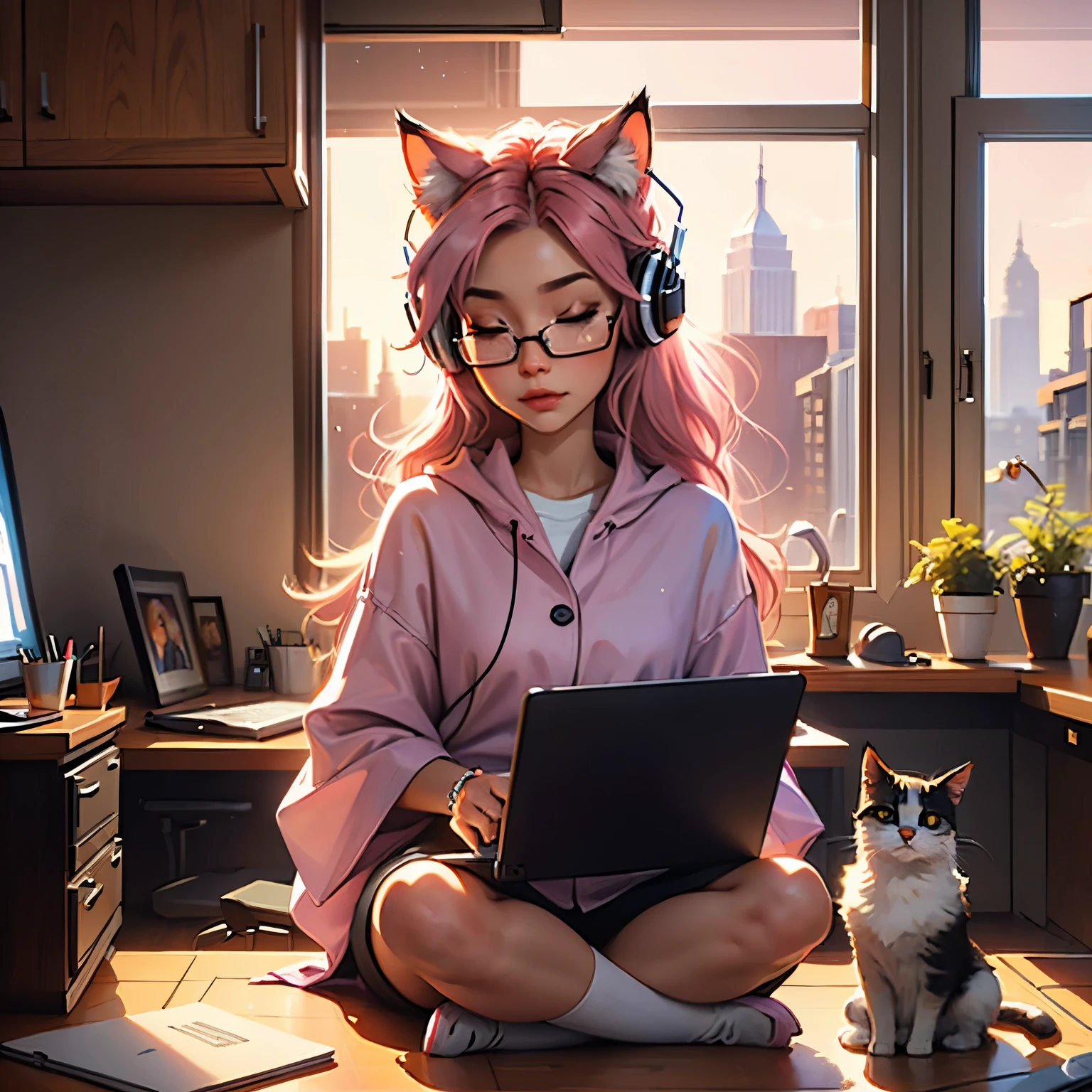 Make an oil painting of adorable female streamer sitting at her computer with her eyes closed, wearing headphones with cat ears, has pink hair, librarian style glasses by James Christensen, awwChang, CGSociety, Illumination, Pixar, super crisp high fidelity, sunny day background